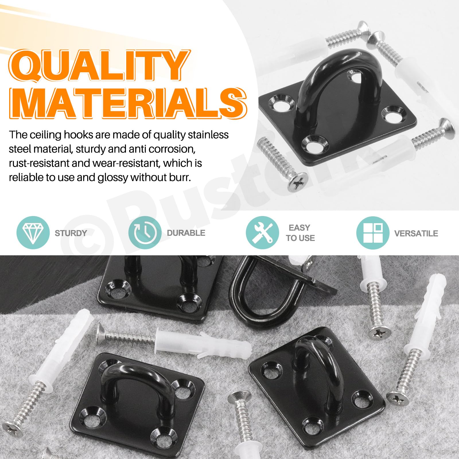 Rustark 4Pcs M5 304 Stainless Steel Square Pad Eye Plate Hook Assortment Kit Black Pad Eye Plate Marine Hardware Hook with Screw Heavy Duty Ceiling Hook for Swing Hanging Outdoor and Indoor Activity - Image 3