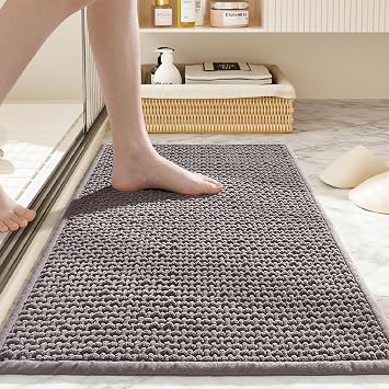 Bathroom Rugs Non Slip Washable, Super Absorbent Thin Bath Mat for Small Quick Dry Low Pile Bathroom Rug, Light Gray, 24x16