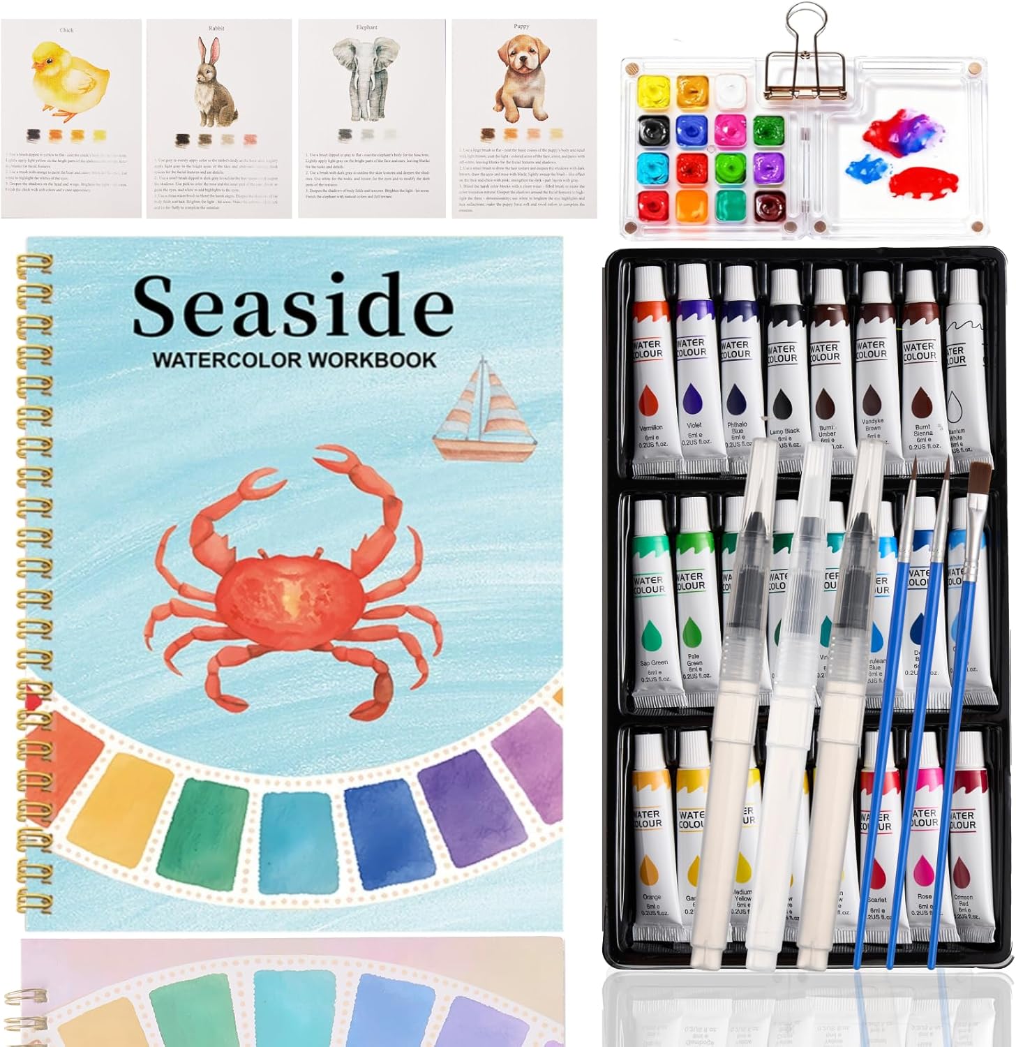 Watercolor Workbook, Water Coloring Book, 24 Colors Watercolor Paint Set with Palette and Brush, 12 Different Patterns of Original DIY Designs, Beginner-Friendly Water Color Workbook (Seaside 1)