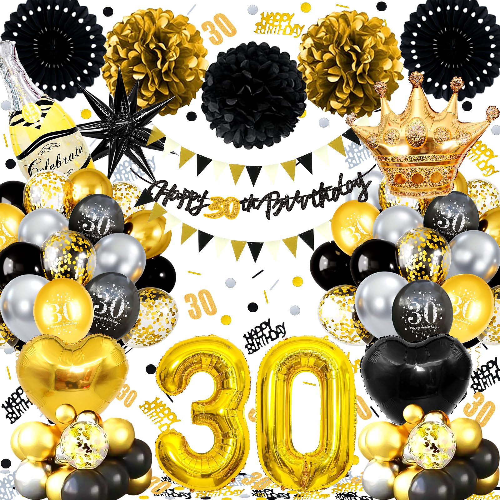 30th Birthday Balloons Black Gold, Banner, Triangle Flag, 30th Birthday Decorations, Black Gold Party Decorations Set, Latex, Heart, Crown And Numbers Balloons, Confetti, Paper Pom Poms, Ribbon