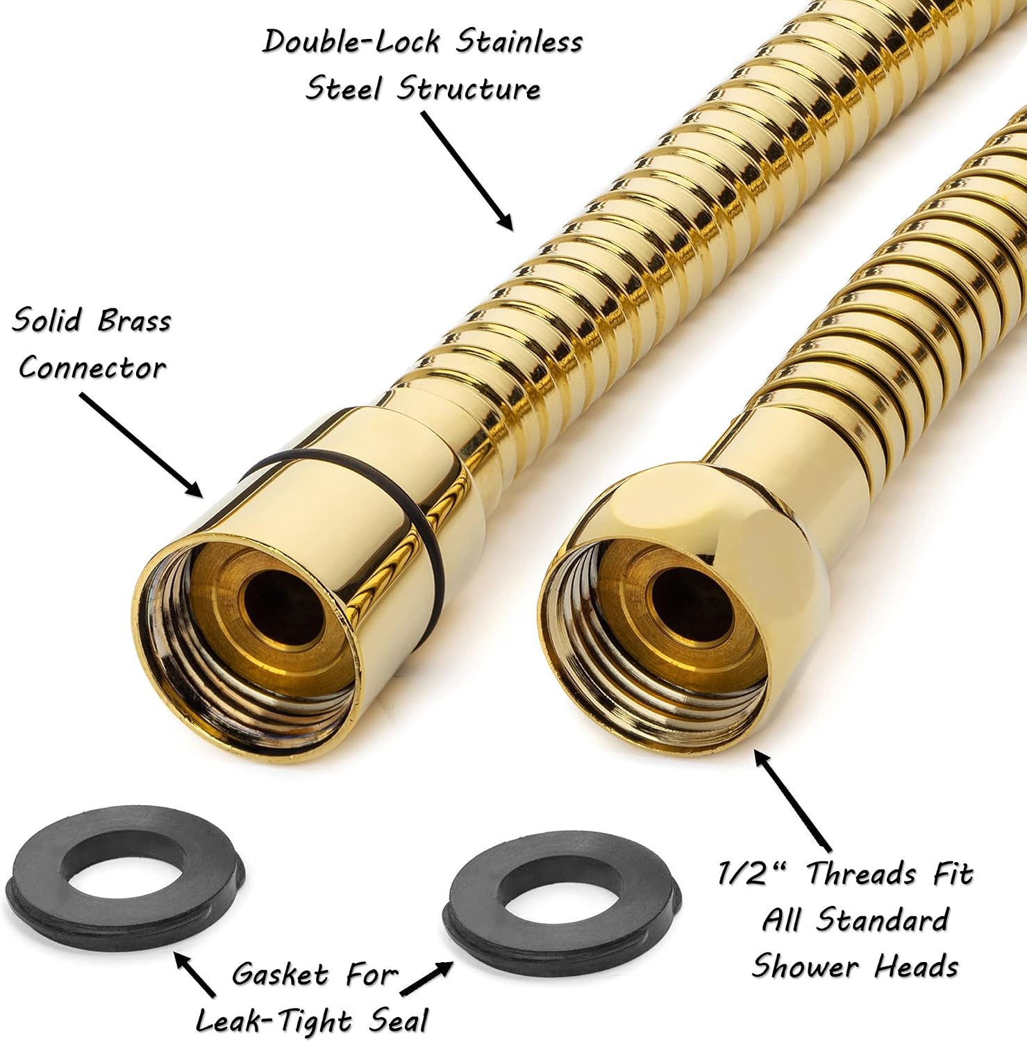 Aqua Elegante 60 Inch Flexible Shower Hose - Extra Long, Stainless Steel, Anti-Kink, Universal Replacement Tube For Handheld Showerheads - Polished Brass