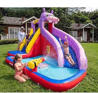 Inflatable Water Slide Park，Water Park Backyard，Outdoor Water Slides，Water Slide with Blower，Equipped with Slide, Climbing Wall, Pool，Water Skiing Park Bounce House (Hippo)