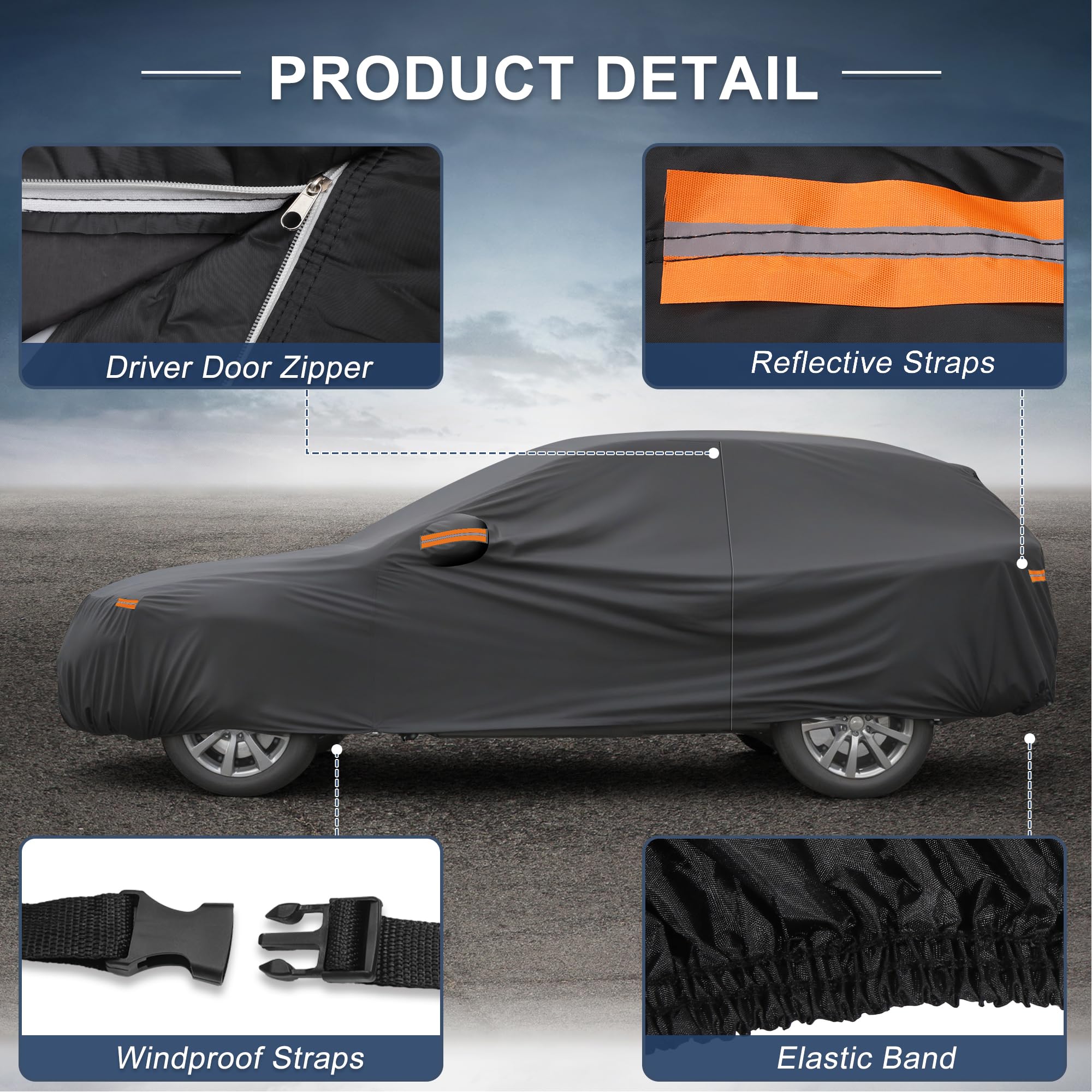X AUTOHAUX Wodoodporna osłona samochodu folia aluminiowa samochód na zewnątrz pełna osłona samochodu do Hyundai Tucson z zamkiem błyskawicznym drzwi kierowcy 475 x 186 x 150 cm / 187,01 x 73,23 cala x