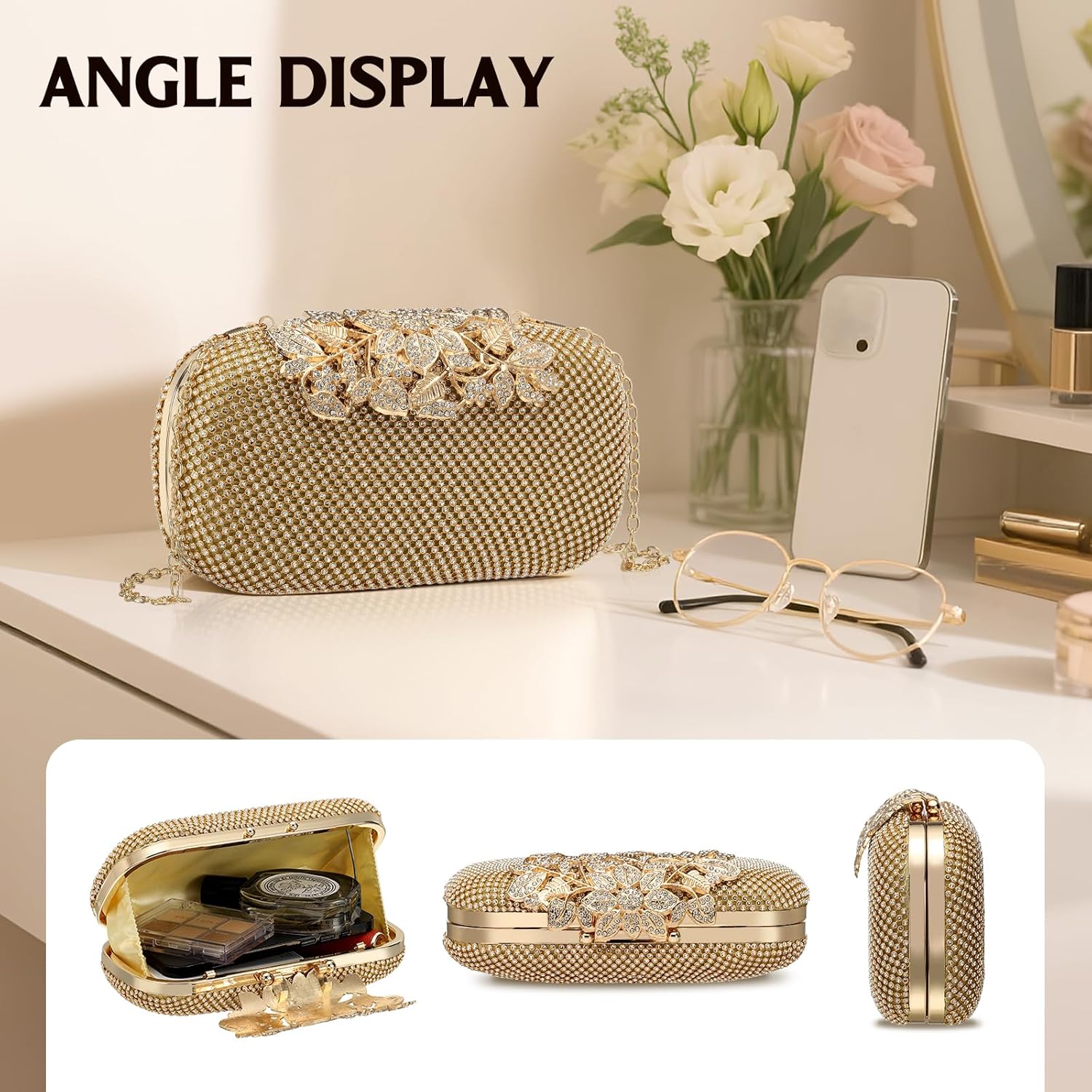 Evening Clutch Purse Sparkly Rhinestone Square Bags for Women, Vintage Crystal Clasp Handbag for Bridal Wedding 1920s Party, Gold