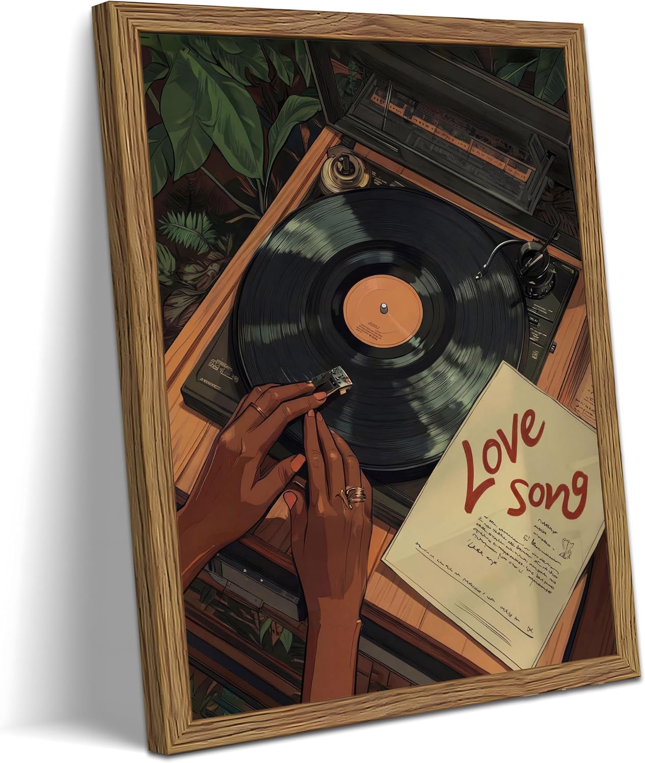 FTFCTSZ Black Woman Wall Art Vinyl Record Player – Retro Music Black Girl Art Canvas Print with Wood Frame, Fashion Afrocentric Decor for Living Room Bedroom Music Studio 16x24 inch
