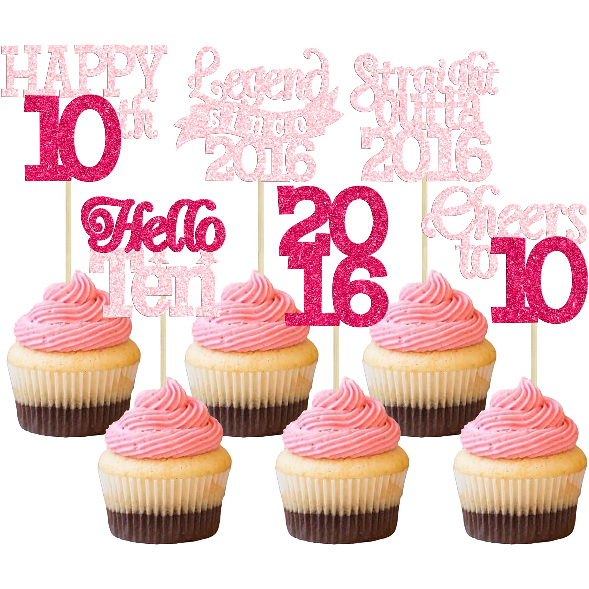 Gyufise 24Pcs Happy 10th Birthday Cupcake Toppers Hello Ten Legend Since 2016 Cupcake Picks Cheers to 10 Years Cake Decorations for 10th Birthday Anniversary Party Supplies Pink Rose Red