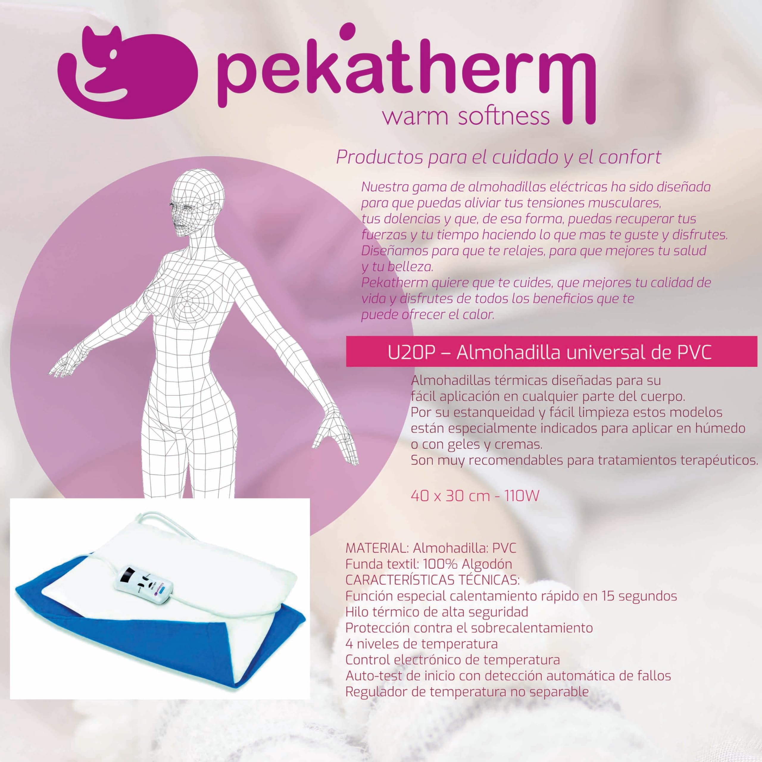 Pekatherm Almohadilla Eléctrica Universal Pequeña con Funda | Tamaño 40x30 cm | 110 W de Potencia y 4 Niveles de Temperatura | Almohadilla Térmica Elaborada en PVC y Funda de Algodón 100% U20P
