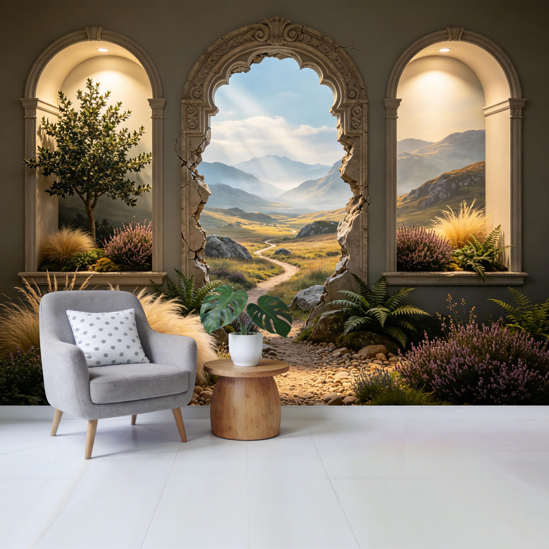 Custom Size Wall Mural Archway to Mountain Landscape Path 3D Trompe l’oeil Removable Self Adhesive Fabric Home Wall Decor for Living Room Bedroom Bathroom
