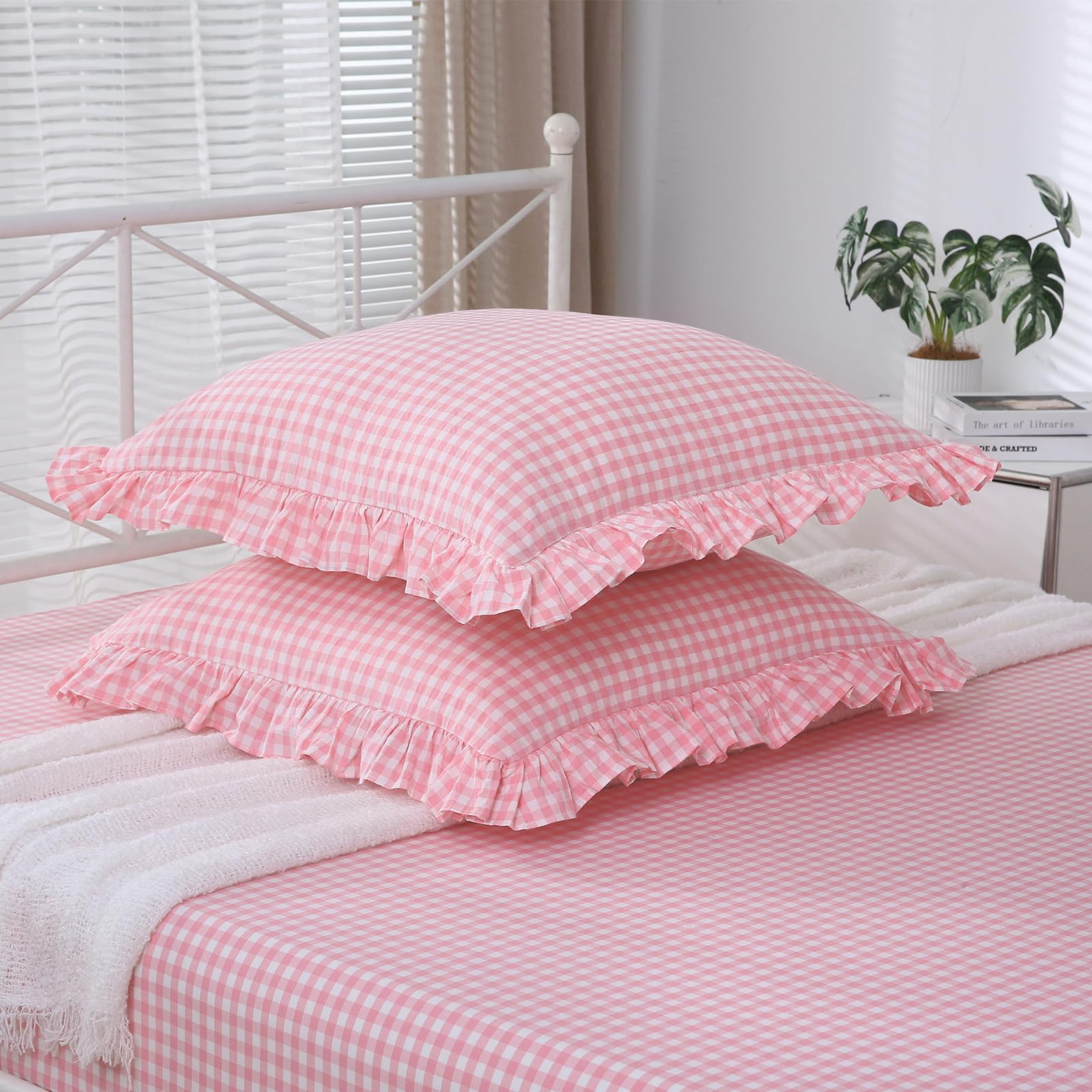 K MASANIJI 2 Pack Coral Pink White Gingham Ruffle Euro Shams