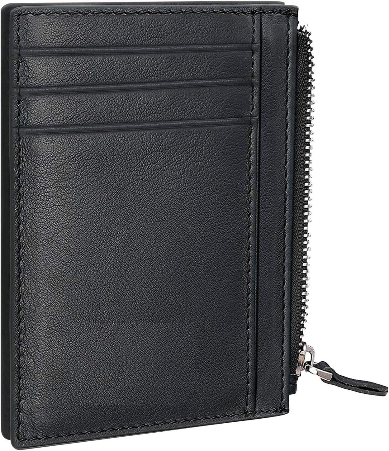 Contacts Credit Card Wallet, RFID Blocking Genuine Leather Card Holder Anti Theft (1 Zipper compartments, 6 Card Slots & 1 ID/Photo Window) Slim Pocket Purse for Men & Women Black…