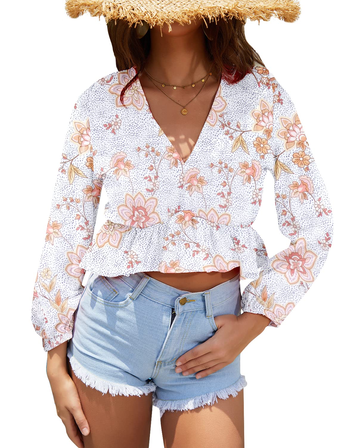 FANCYINNWomen's Summer Crop Tops V Neck Sexy Shirt Casual Women's Daily Wear Summer Top Floral