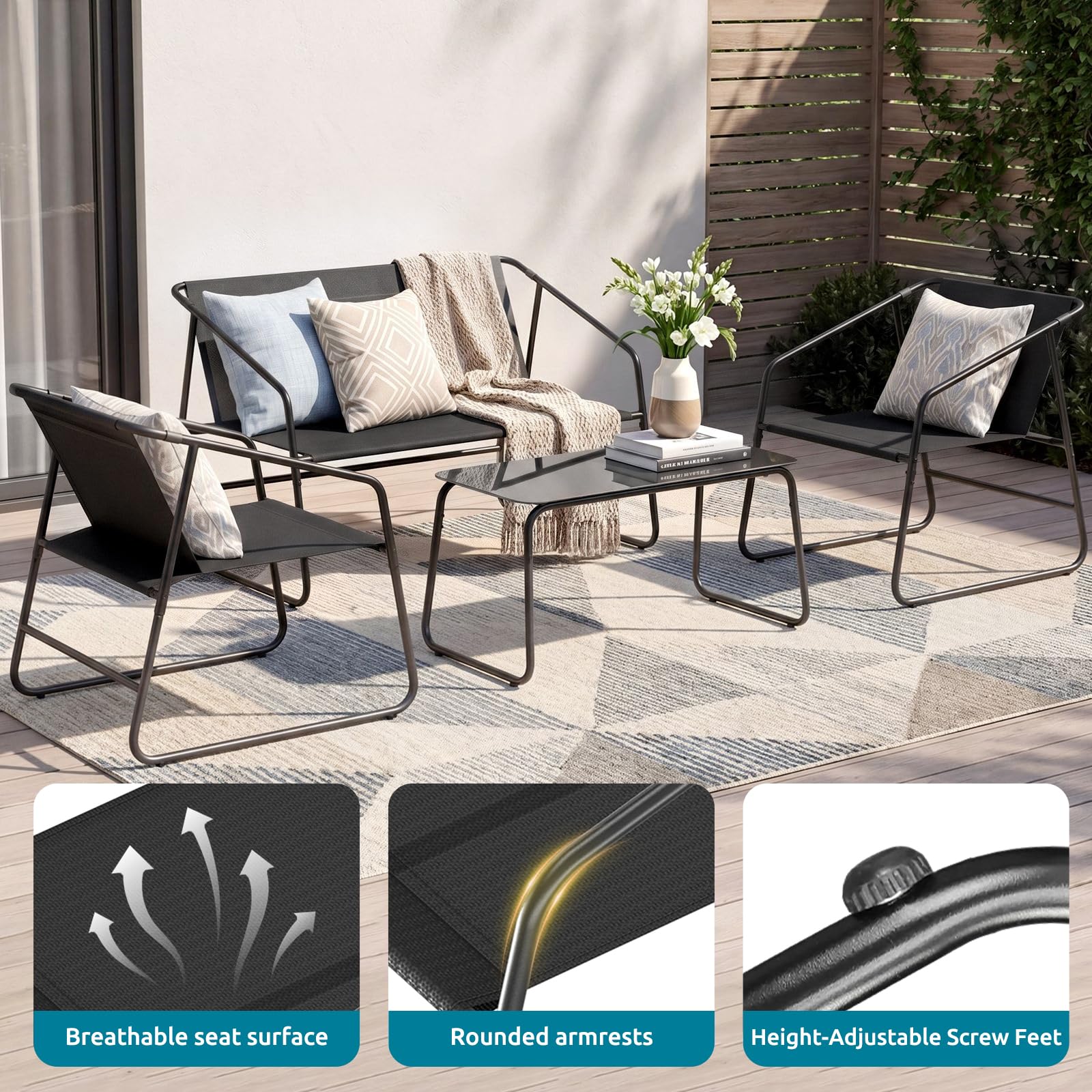 LIFERUN Salon de Jardin 4 Pièces pour 4 Personnes, Ensemble Outdoor en Tissu Textilène avec Canapé, 2 Fauteuils et Table Basse, Résistante aux Intempéries, pour Balcon Terrasse Jardin, Noir