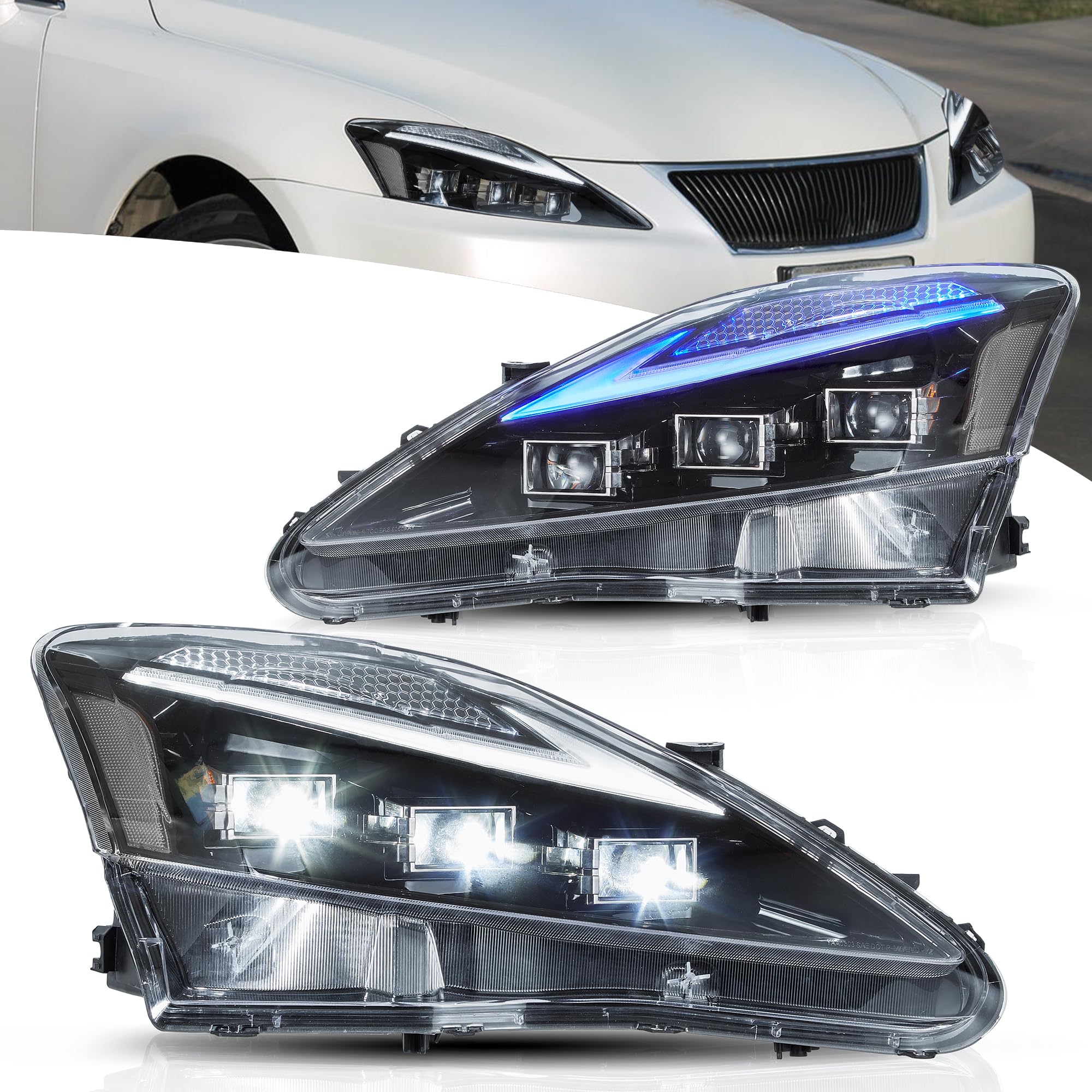 Headlights for Lexus IS250 IS350 IS220d Seden 2006-2012, IS F 2008-2014, Headlamp Assembly with Dynamic Start up Animation & Sequential Turn Signals, 1 Pair Clear Reflector