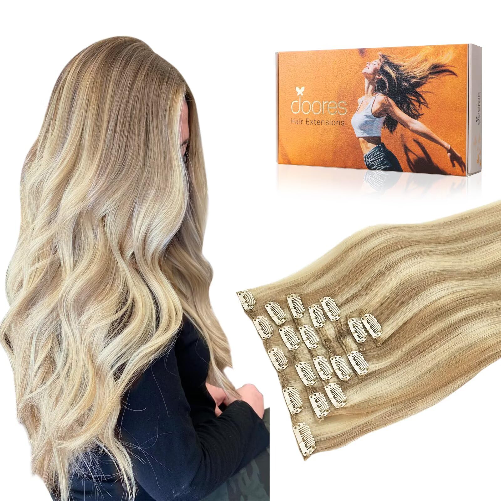 DOORES Dopinki do włosów z prawdziwych włosów, brudny blond, pasemka blady blond, 30 cm, 12 cali, 7 sztuk, 80 g, doczepiane włosy Remy, przedłużenie włosów, gładkie, na całą głowę, prawdziwe włosy