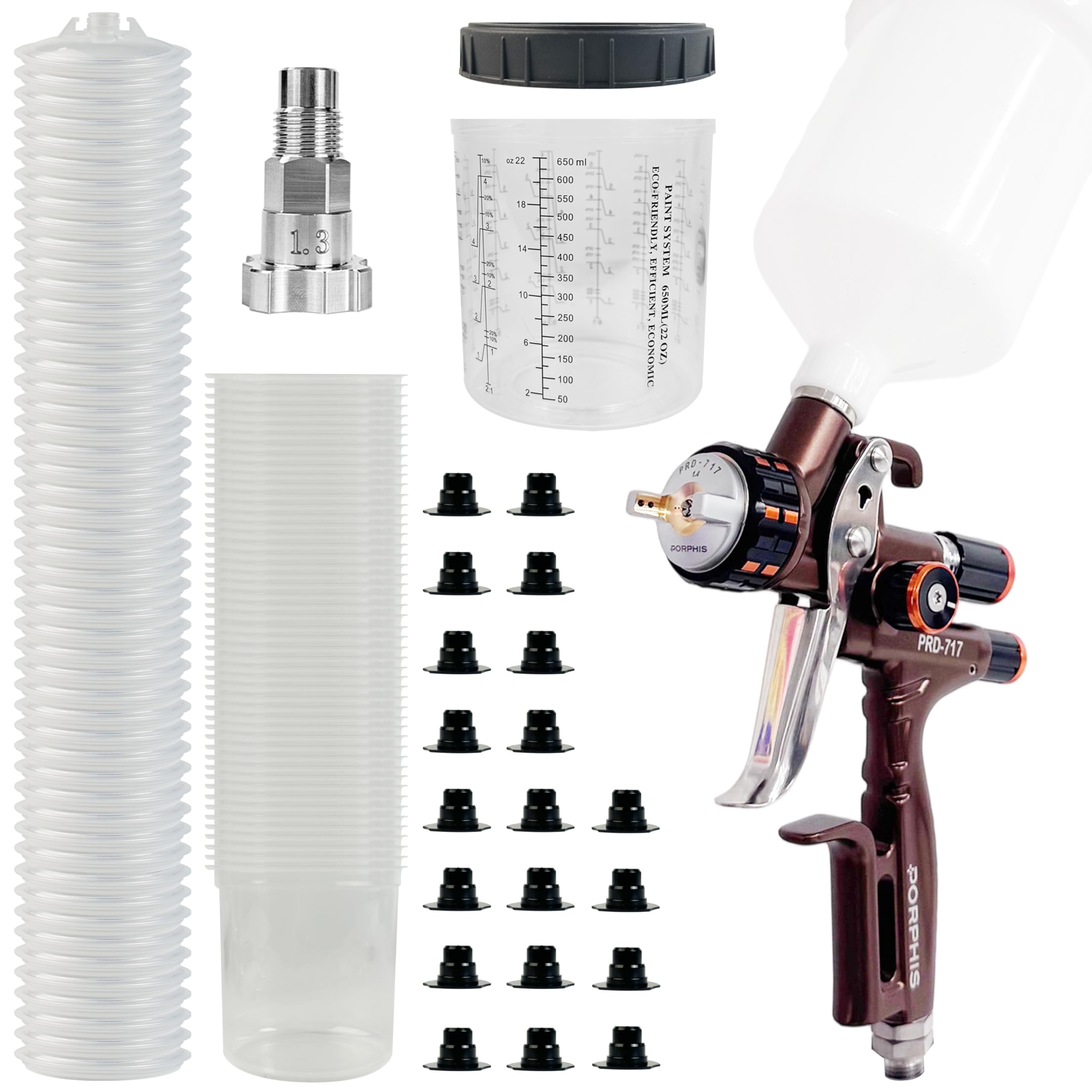 Paint Spray Gun PRD-717 VS Type with Split Nozzle 1.4mm Spray Gun + Disposable Paint Cups 650ml/22oz 50 Sets