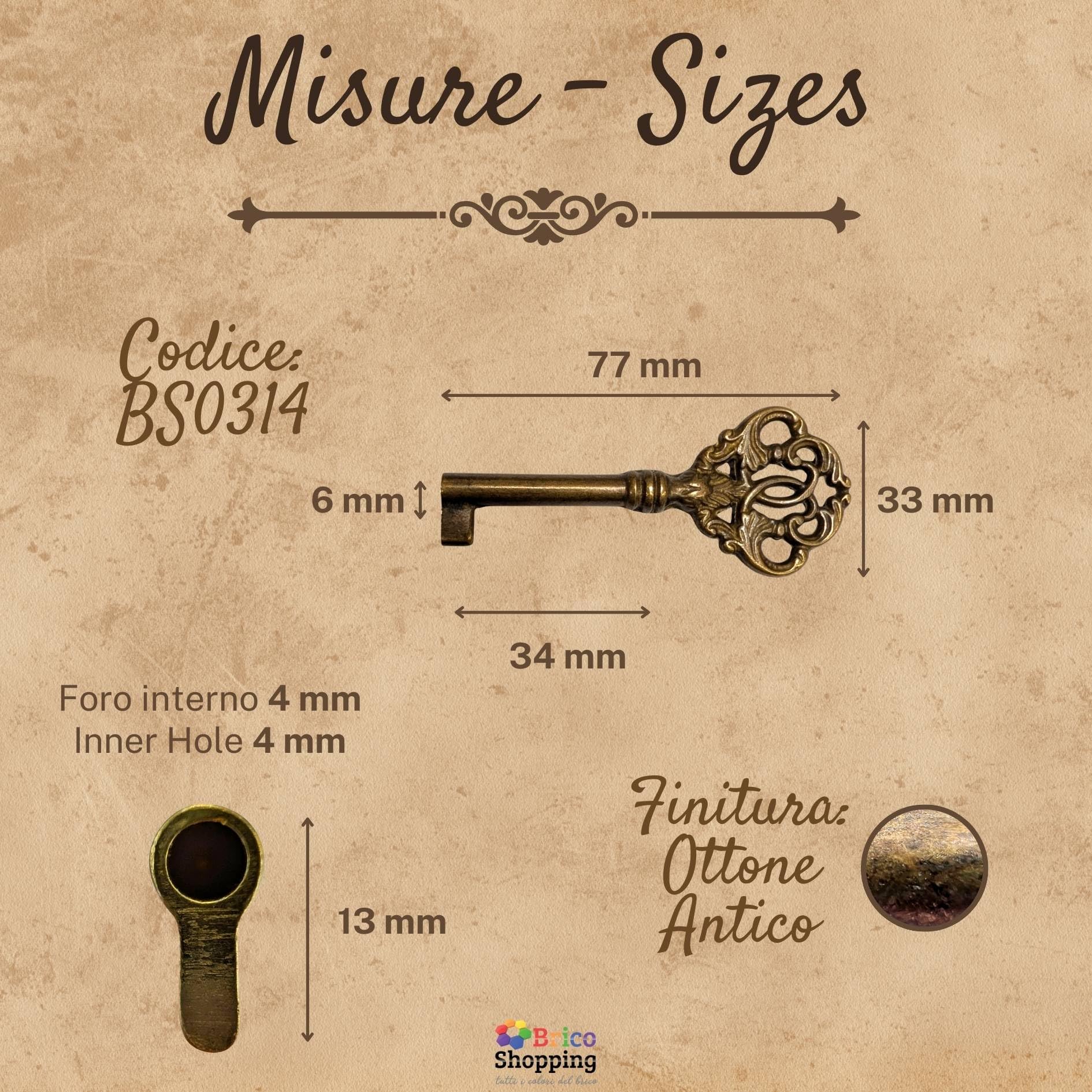 BricoShopping Llaves para muebles en estilo Arte Povera y armarios antiguos clásicos modernos, llave universal para cerradura de armario en latón, llave de mapa antigua para cajón (BS0314, latón