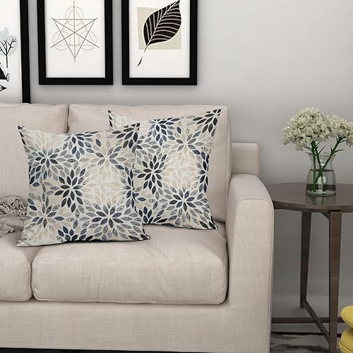Miniatura 7 de Juego de 2 fundas de almohada de dalia azul marino de 20 x 20 pulgadas, fundas de almohada cuadradas decorativas de flores geométricas rústicas,