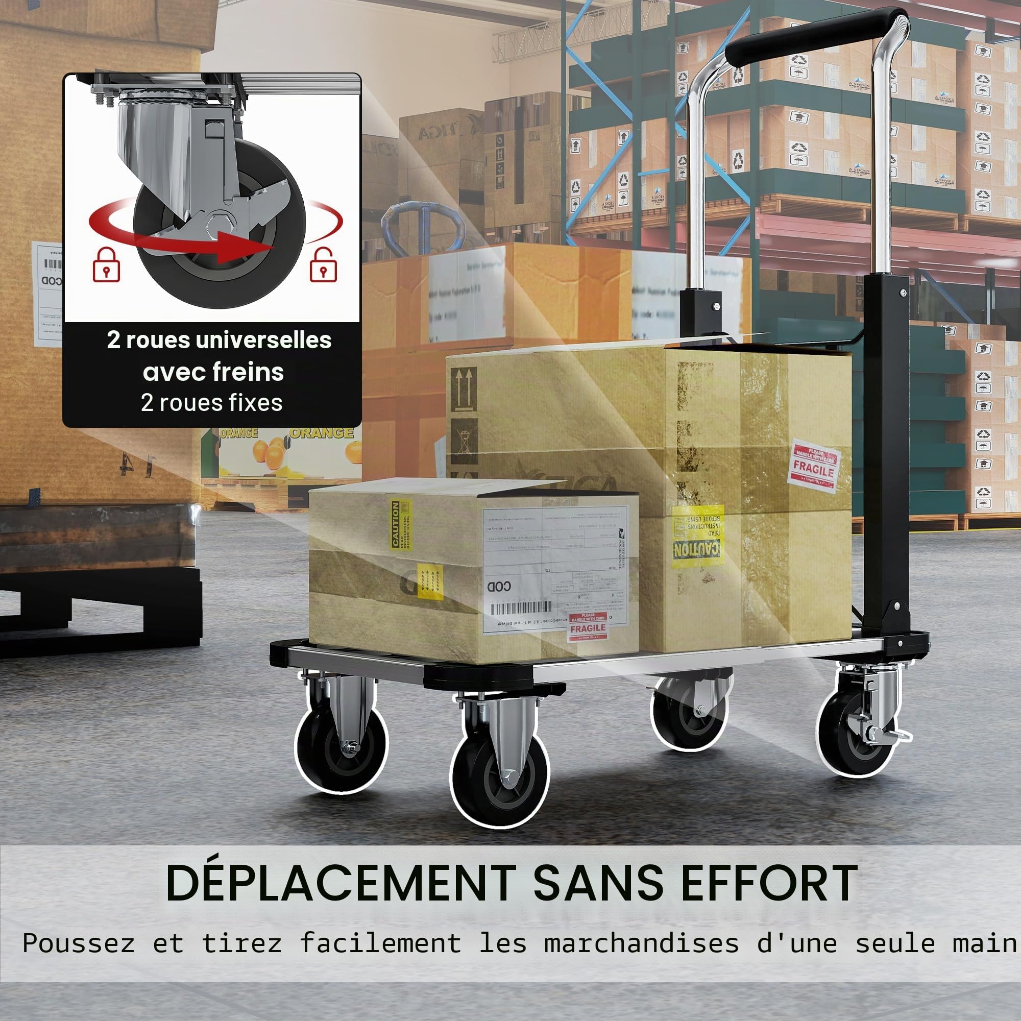HOMCOM Chariot de transport pliable 150 kg avec frein de stationnement, plate-forme extensible et poignée réglable, aide au transport avec roulettes pivotantes, argenté