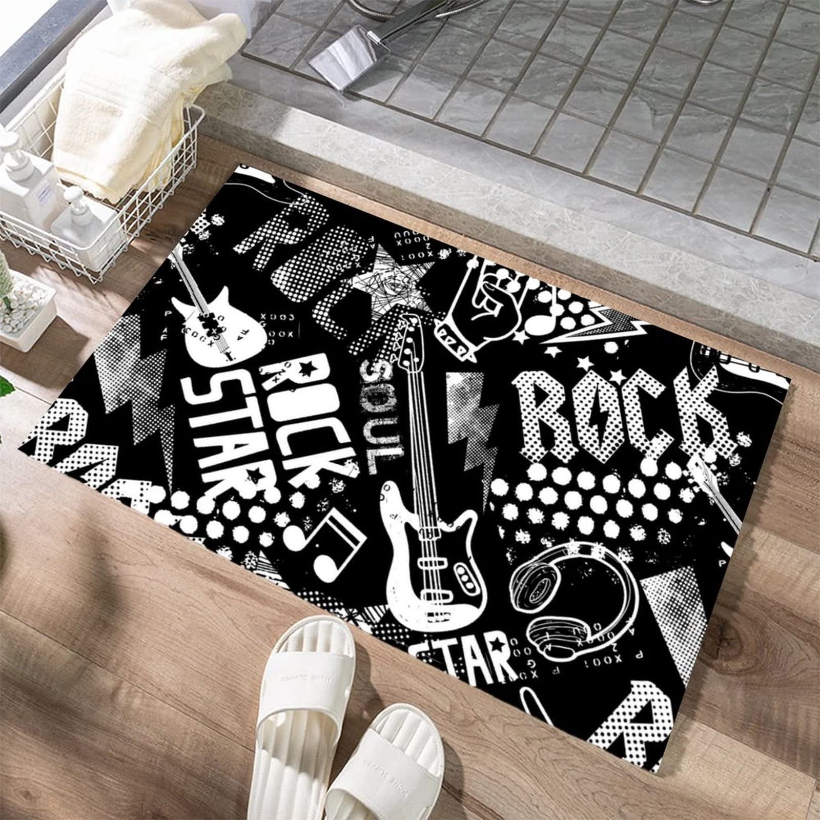 HoaMoya Grunge Rock Music Guitar Door Mat Welcome Mat Low Profile Absorbent Front Back Doormat Non Slip Rugs Carpet for Home Indoor Outdoor Entrance 24x16 Inch