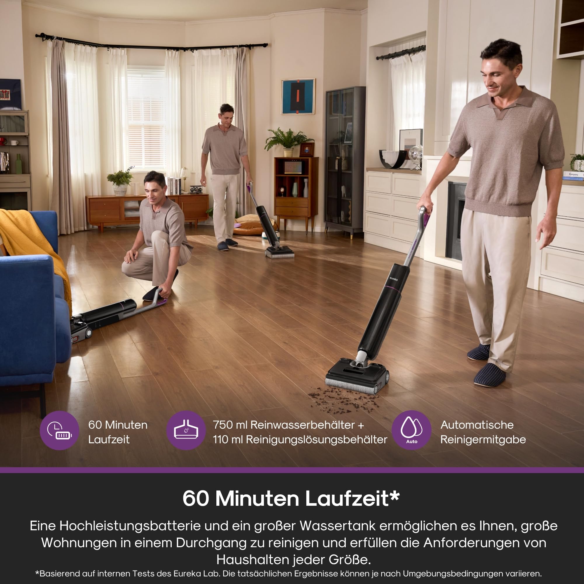 Eureka FloorShine 880 Nass Trockensauger Akku, 24 kPa Kabelloser Staubsauger mit Wischfunktion, 100°C Selbstreinigung, 5-Min-Trocknung, Anti-Tangle, 3-seitig Kantenreinigung, 180° Flach Saugwischer