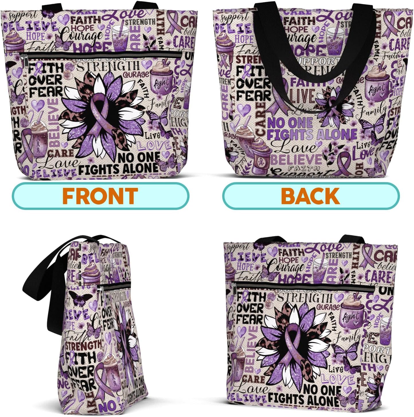 84hoods Large Waterproof Tote Bag with Pockets and Zipper for Work. Cancer Support Awareness Gift for Survivor Fighter. Aesthetic 15 inch Shoulder Bag for Women. Purple Ribbon.