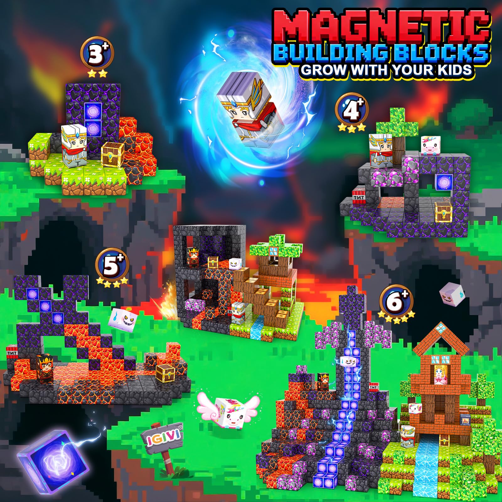 Bloques magnéticos: Build Mine 3D Magworld Forest Lava Set, bloques de construcción magnéticos STEM para niños de 4 a 6 años, 6 a 8 y 8 a 12 años, juguetes sensoriales educativos para niños pequeños 3