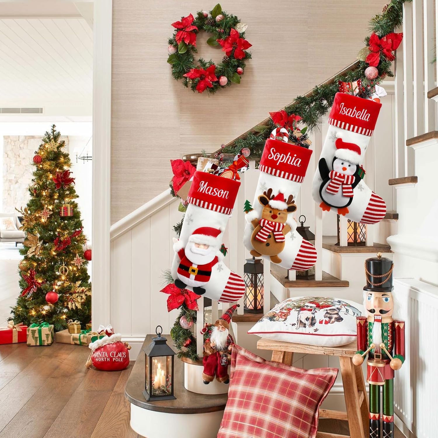 HoldOneLight Personalisierter Weihnachtsstrumpf mit Namen, Groß, 3D-Weihnachtsmotive, Nikolausstiefel zum Befüllen, Kamindekorations-Hängestrumpf