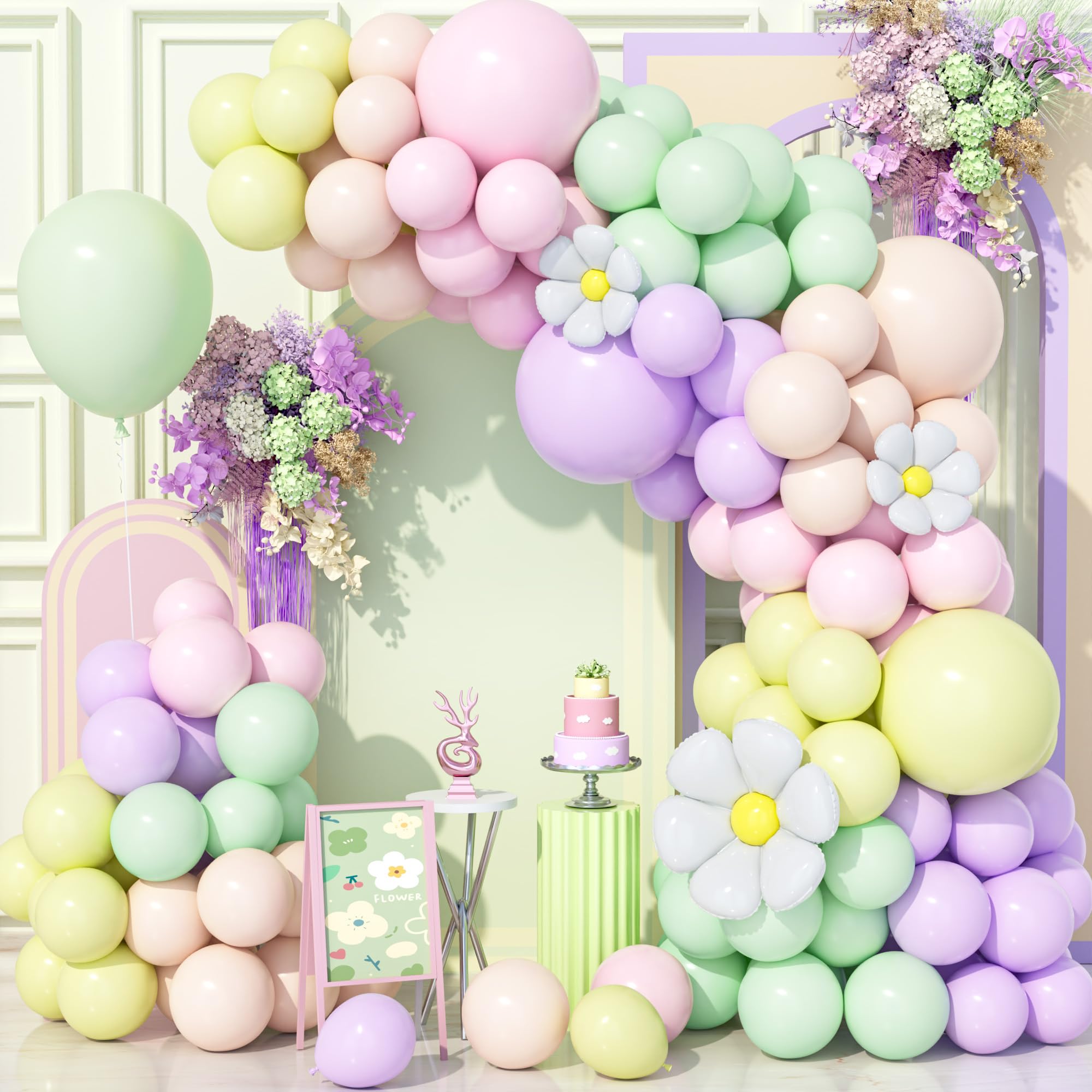 Teselife 136 Piezas Kit Arco Globos Pastel, Kit Guirnalda Globos Fiesta Arco Iris Colores Pastel con Globos Margarita para Cumpleaños Baby Shower Boda Aniversario Decoraciones Fiesta Carnaval