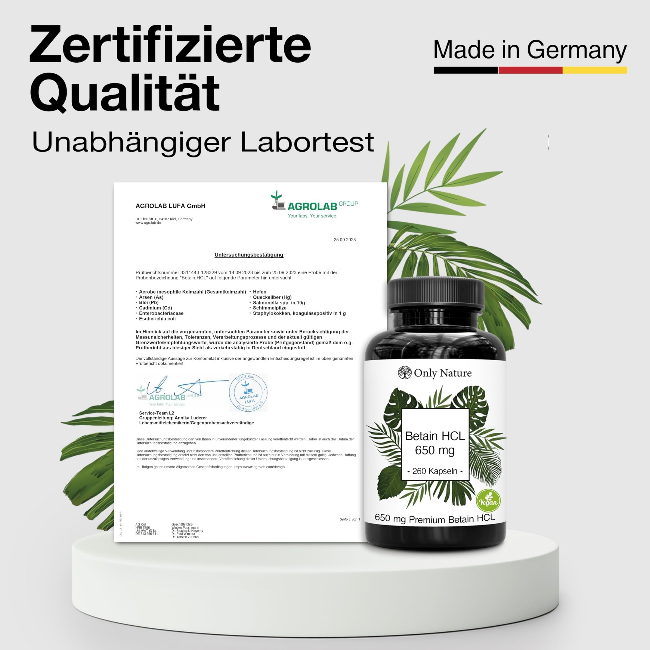 Betain HCL 650 mg - 240 Kapseln - Hochdosiert - in Deutschland produziert & Laborgeprüft - Vegan - Betaine HCL