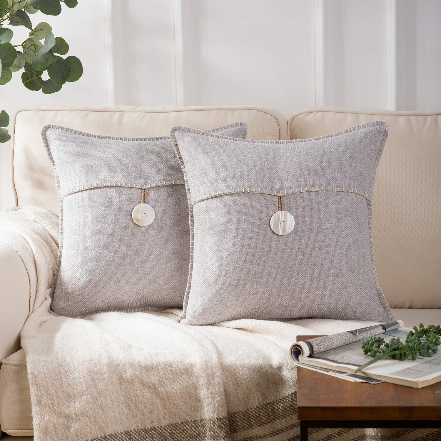 Phantoscope Pack of 2 Natural Shell Button Throw Pillow Covers Farmhouse Luxury Vintage Hand Embroidery White Thread Trimmed Decorative Grey Pillows, 18 x 18 inches, 45 x 45 cm