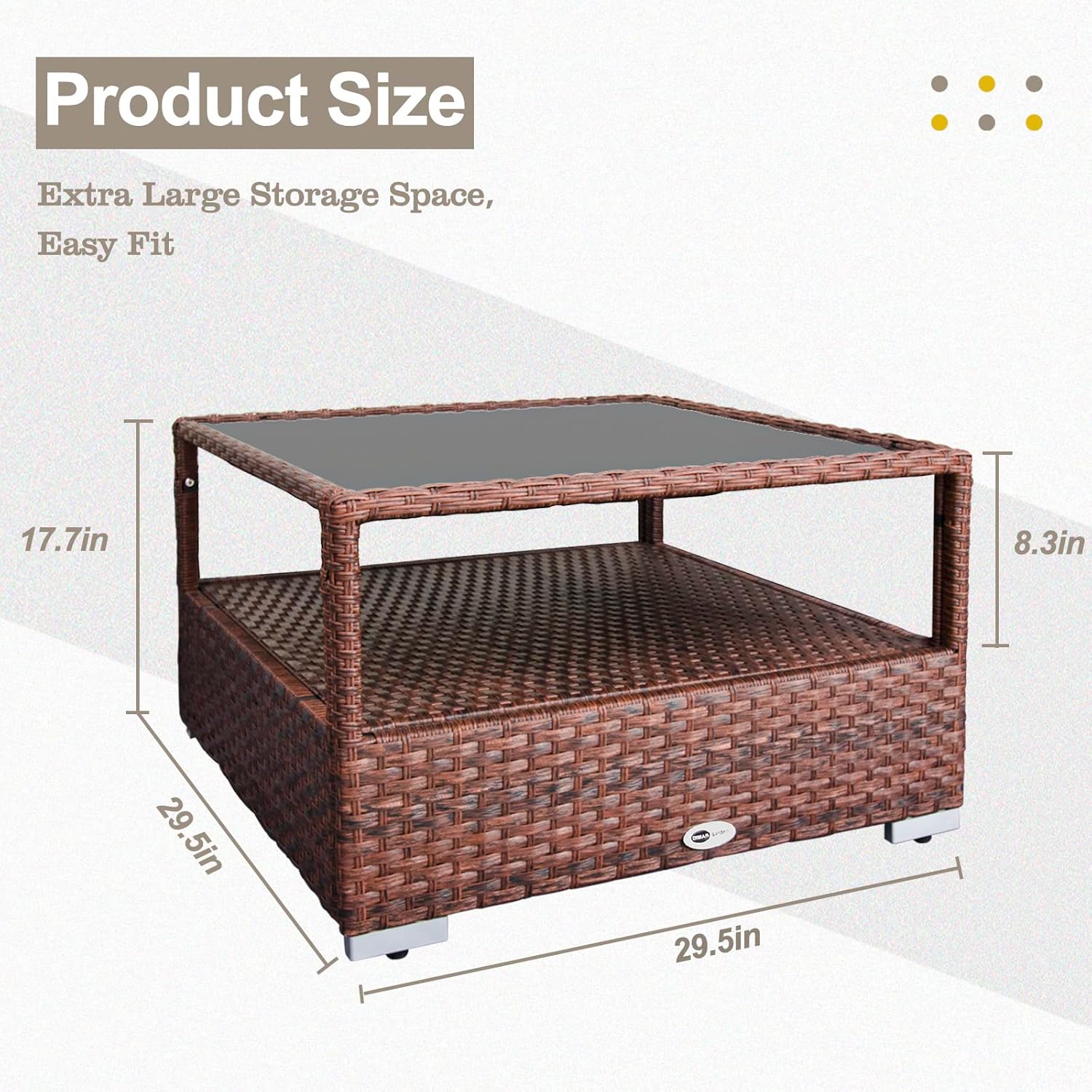 DIMAR GARDEN Outdoor Coffee Table Wicker Patio Rattan Side Table with Glass Top and Storage Shelf,29.5in Mixed Brown