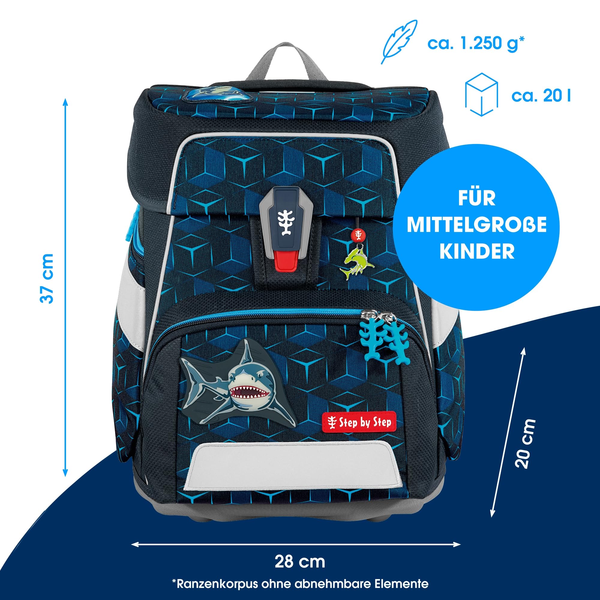 Step by Step Schulranzen-Set Space Shine „Shark Dexter“ 5-teilig, ergonomischer Tornister aus reflektierendem Material, höhenverstellbar, ab 1. Klasse, 20L, blau-schwarz, Hai