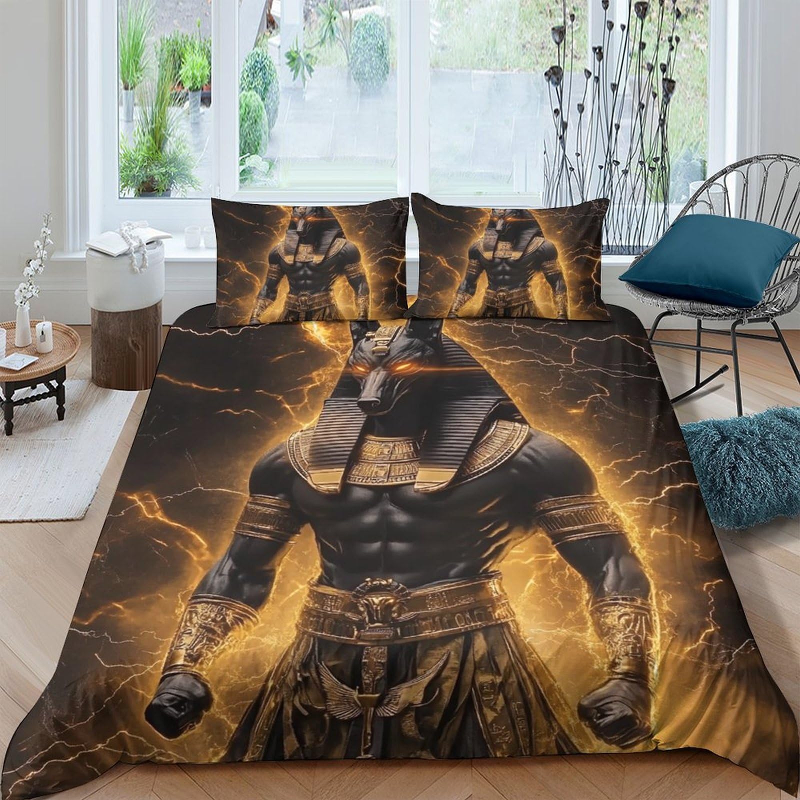 Ctjqhvkz Style-6 3D Printed Egyptian Anubis Fitted Sheet Microfiber Soft Black Gold Ancient God Bed Cover For Bedroom Decor Single（135X200cm）
