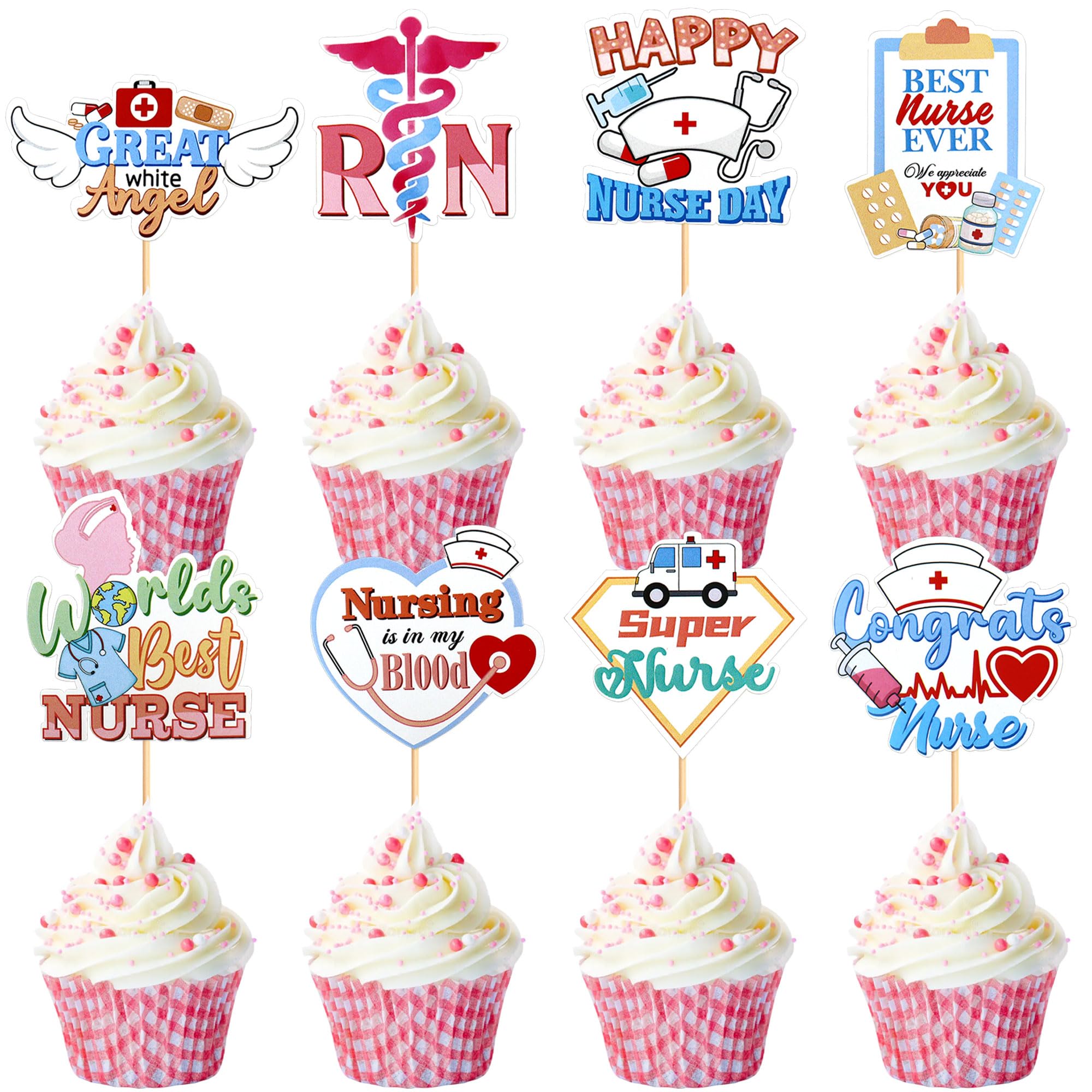 Blumomon 24Pcs Nurse's Day Cupcake Toppers Nursing School Graduation Cupcake Picks Medical Rn Nurse Grad Themed Birthday Party Cake Decorations Supplies