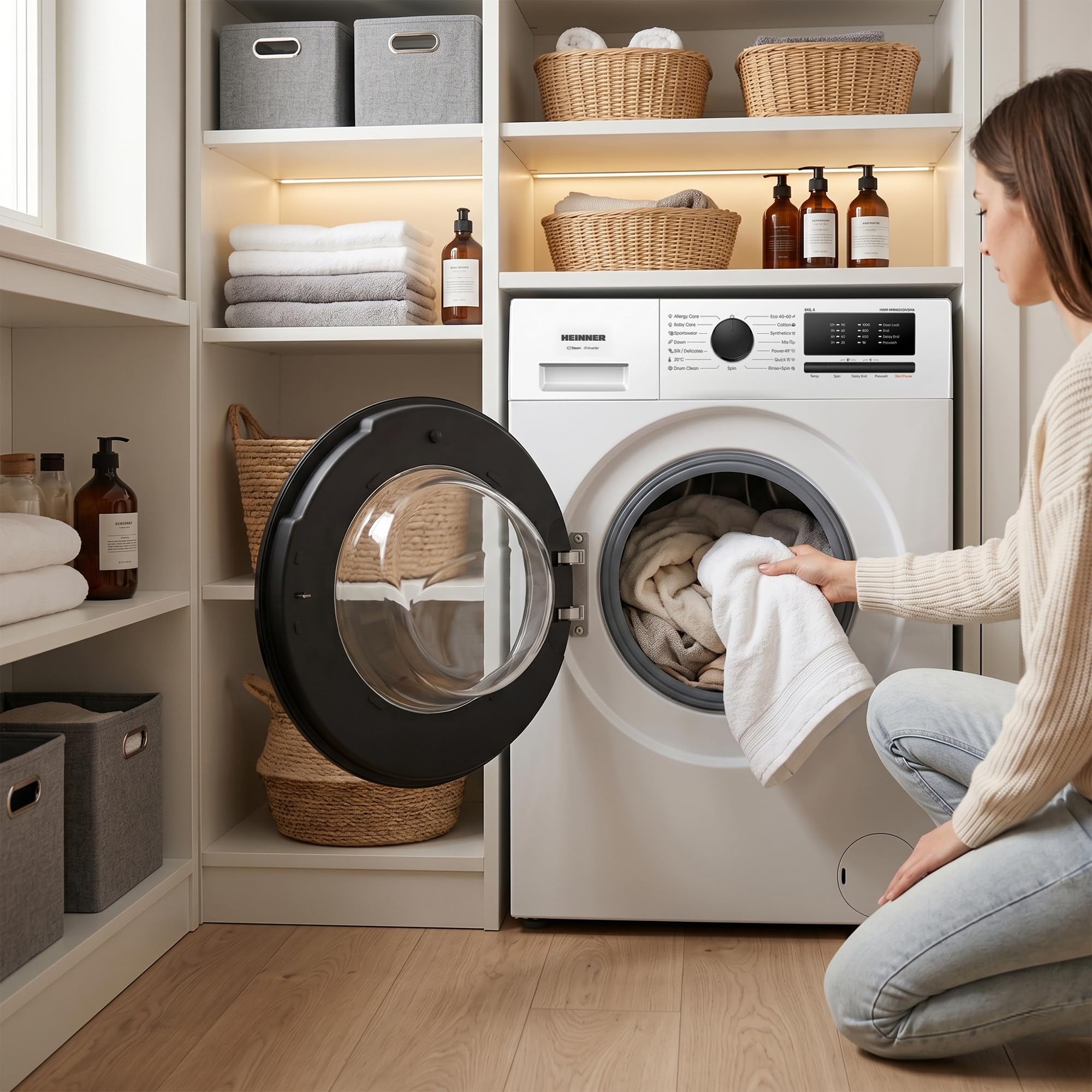Energieklasse A Waschmaschine 6 kg Slim Frontlader (37 cm tief), 1000 U/min, Inverter Motor, 15 Programme, Steam Care, Quick 15', Kindersicherung, Weiß, HWM-HMN6010IVSMA