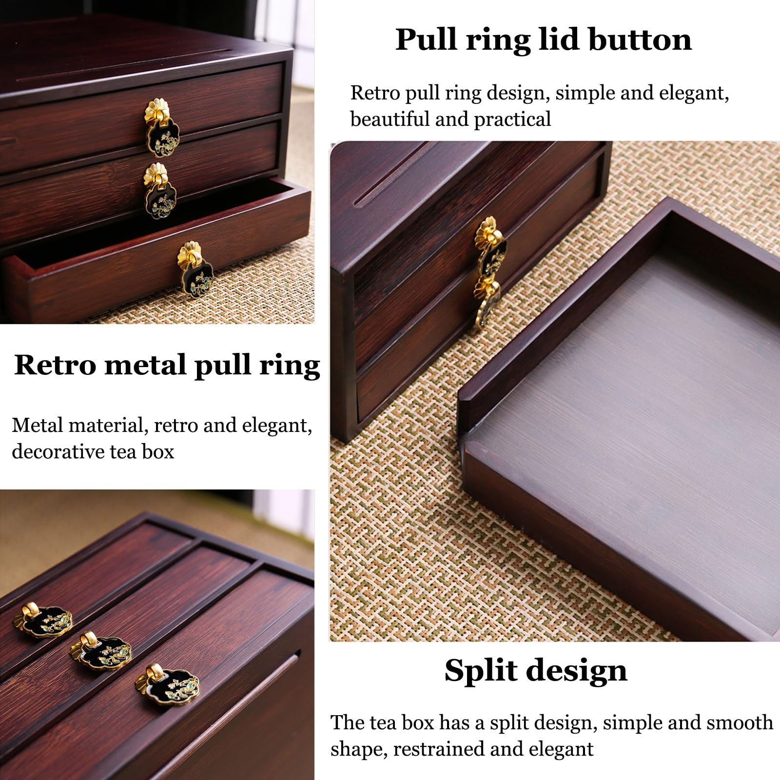 Puer Boîte de rangement à thé – Plateau à thé en bambou anti-poussière pour gâteaux Puerh et accessoires, organisateur de bijoux avec tiroir
