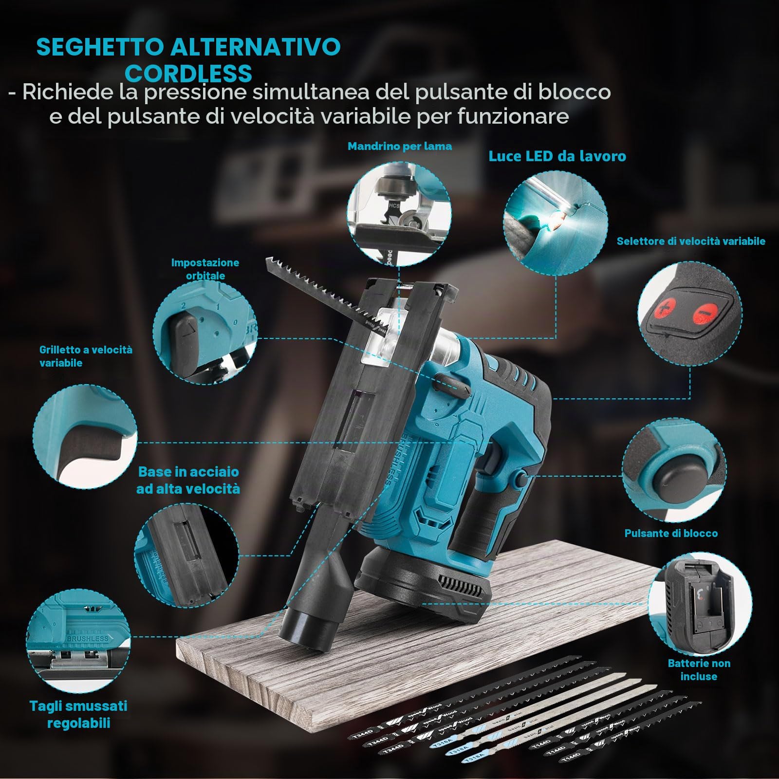 Seghetto alternativo senza fili, compatibile con batteria Makita 18 V, 500 W, utensile da taglio senza spazzole, 3300 giri/min, tagli smussati di 45° con lame per seghetto alternativo per taglio