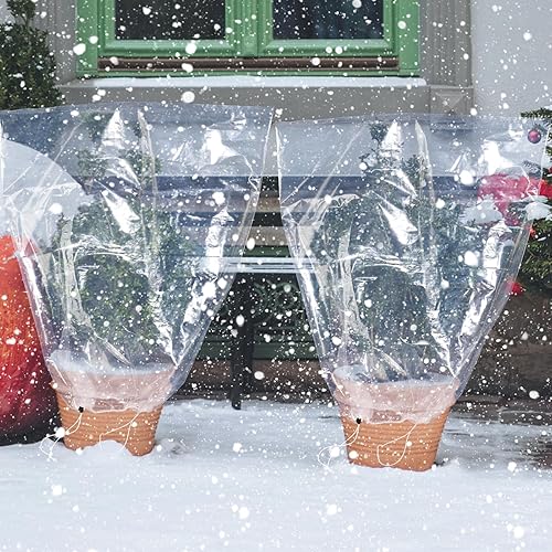 Vista 24 de ANPHSIN 6 piezas de película de invierno para plantas con cordón, cubierta de plástico de 35.4 x 59 pulgadas, protección contra congelación, bolsa