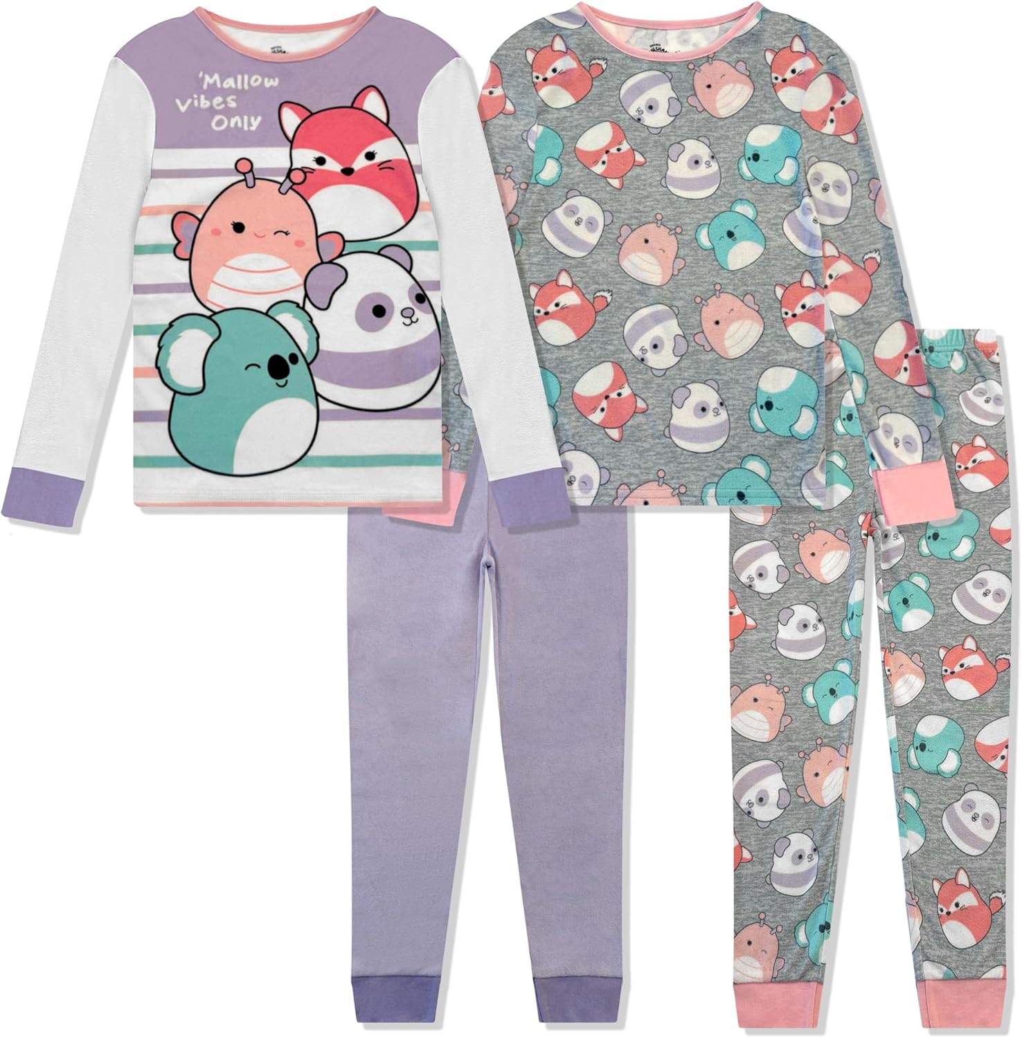 Squishmallows 4 Piece Pajama Set - Girls PJ Set with Long Sleeve Shirt & Pants - Pink Sleepwear Set - Official License