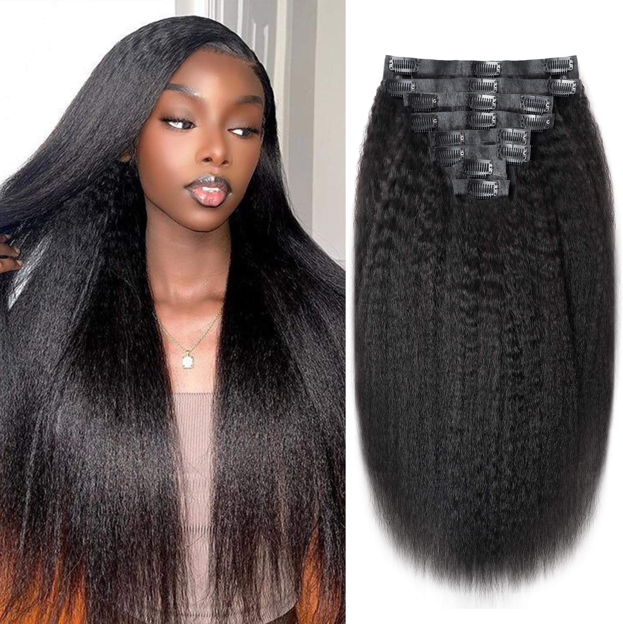 LANWIUKU Kinky Straight Clip Ins Hair Extensions Real