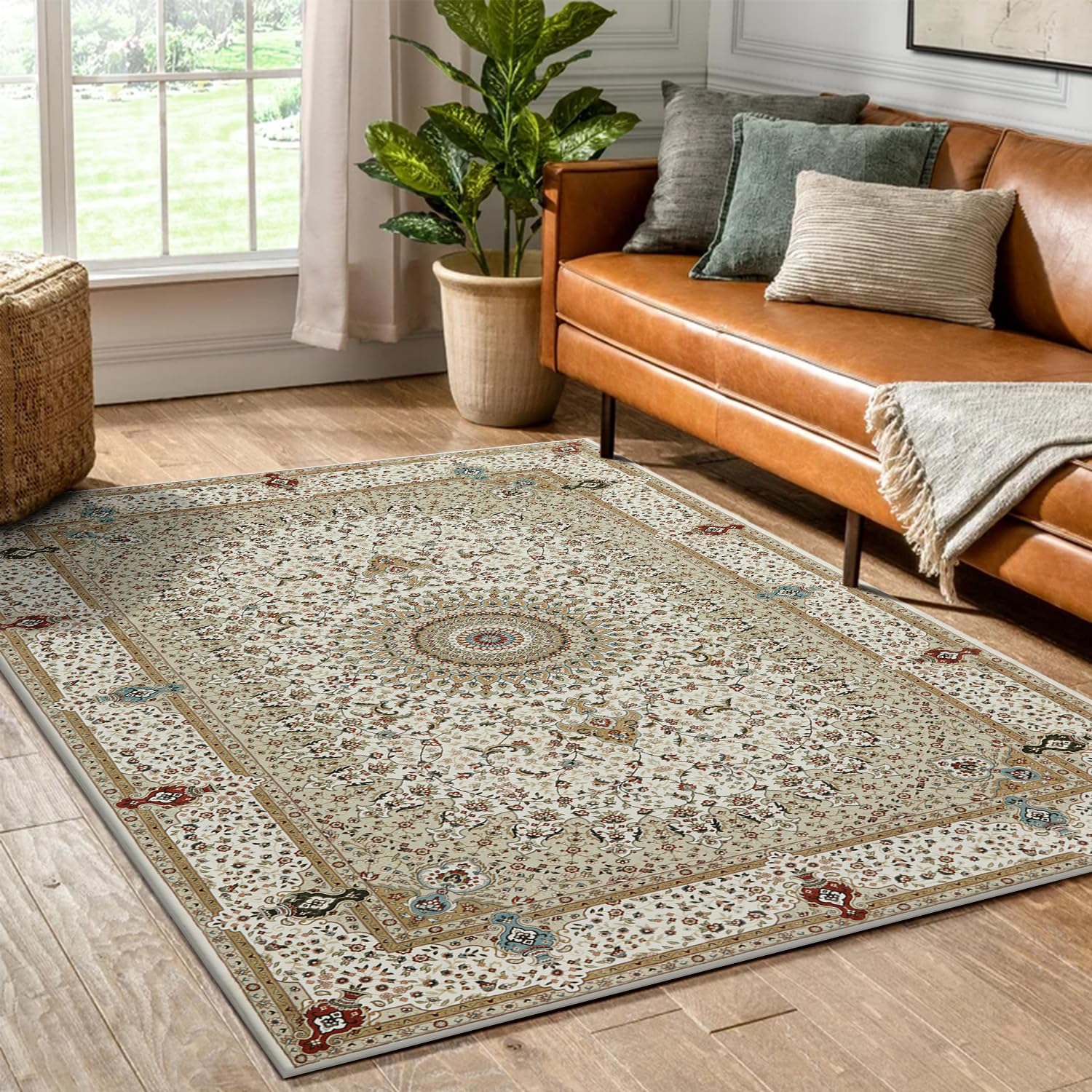 Hafaa Washable Rugs Living Room Small 60x110 cm – Soft Short Pile Beige Area Rugs For Bedroom, Kitchen Carpet Non Slip Bedside Rug Traditional Floral Design Vintage Boho Cashmere Rug, Willow Beige — image 1