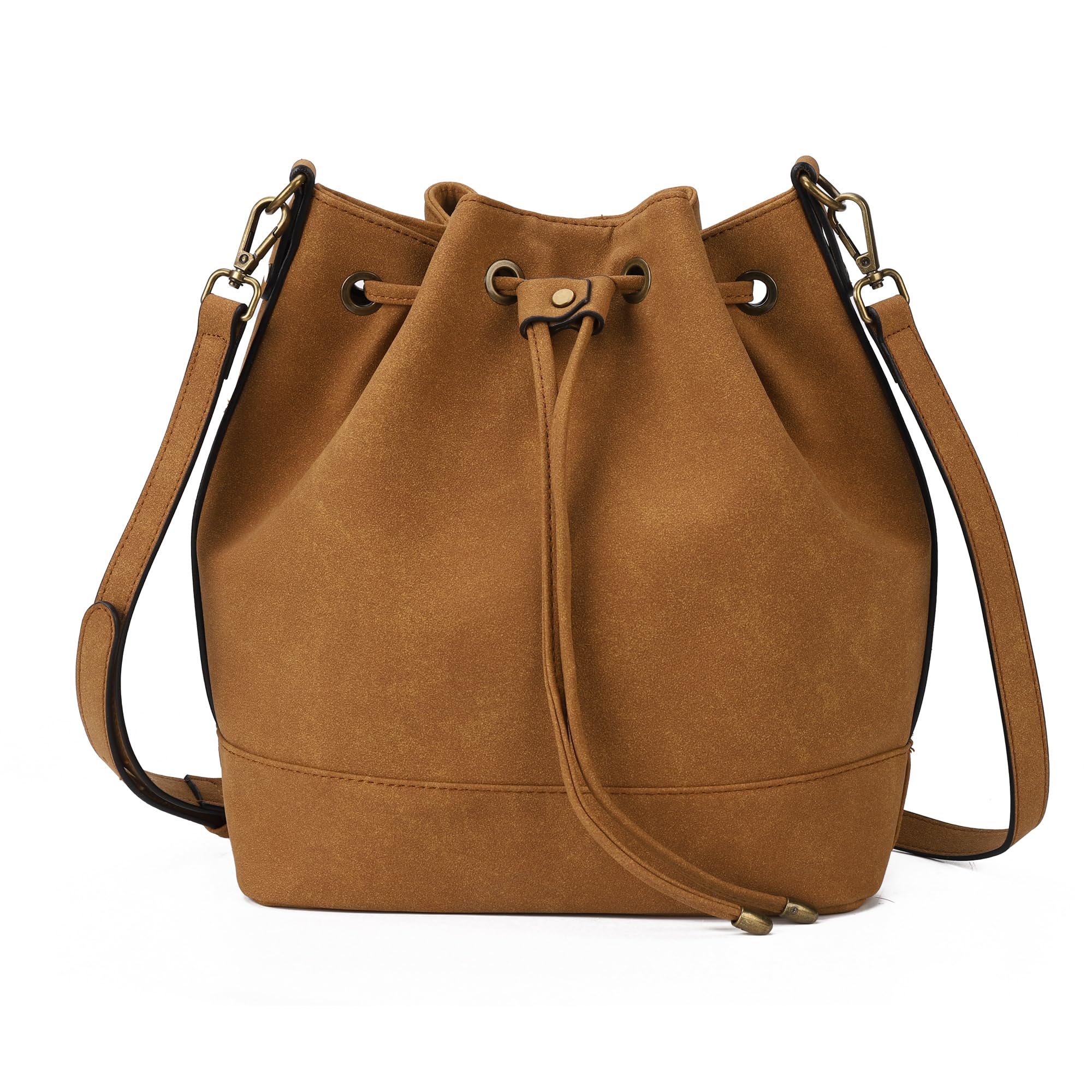 AFKOMST Borsa da donna, borsa a tracolla e borsa a tracolla da donna, alla moda, in similpelle, con coulisse e tracolla regolabile, elegante borsa per il tempo libero, marrone scamosciato
