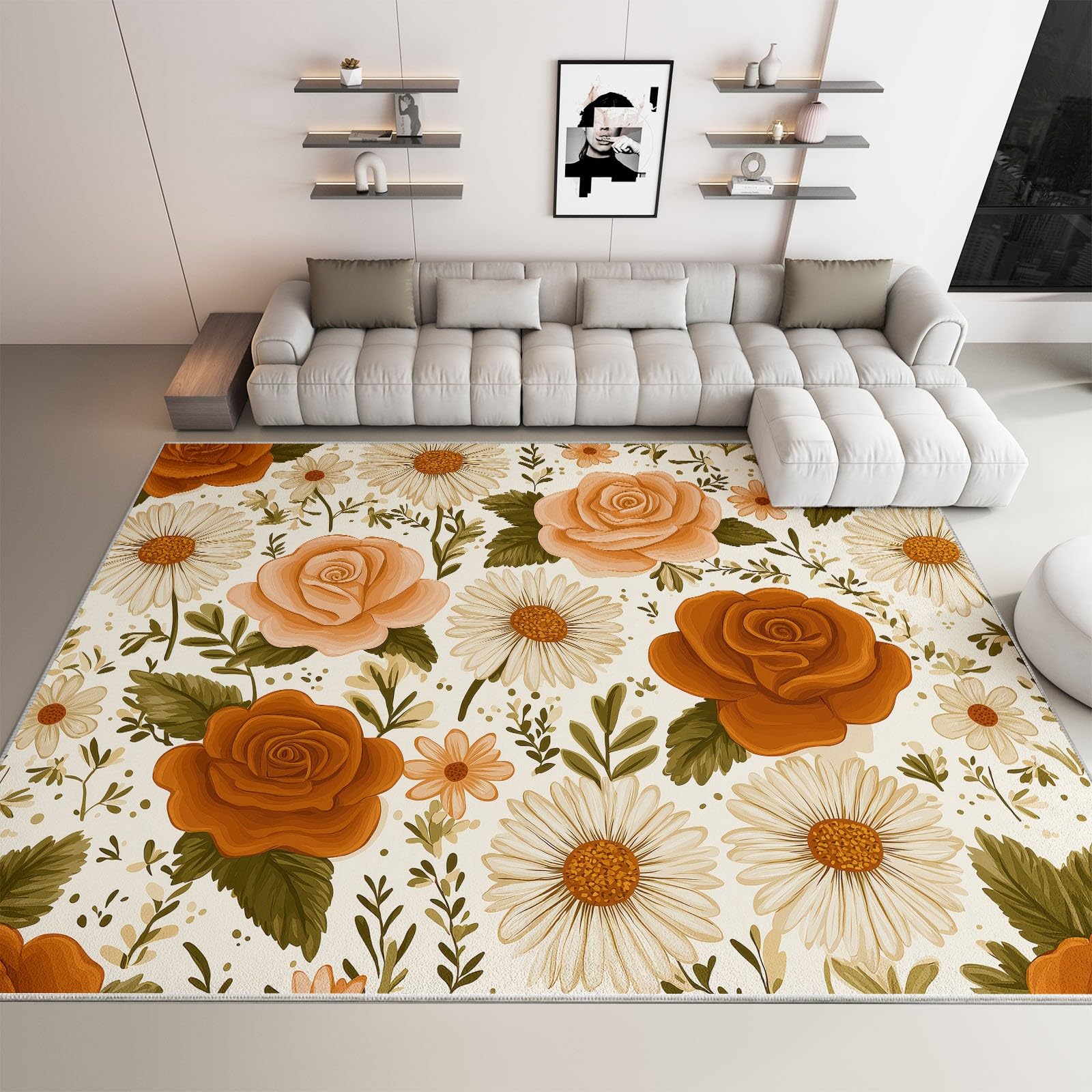 Zmywalny dywan 80 x 150 cm, rośliny, róże, stokrotki, antypoślizgowy dywan w stylu retro, duszpasterski, duży dywan – do salonu, sypialni, kuchni, holu, niski runo, miękki w dotyku dywan