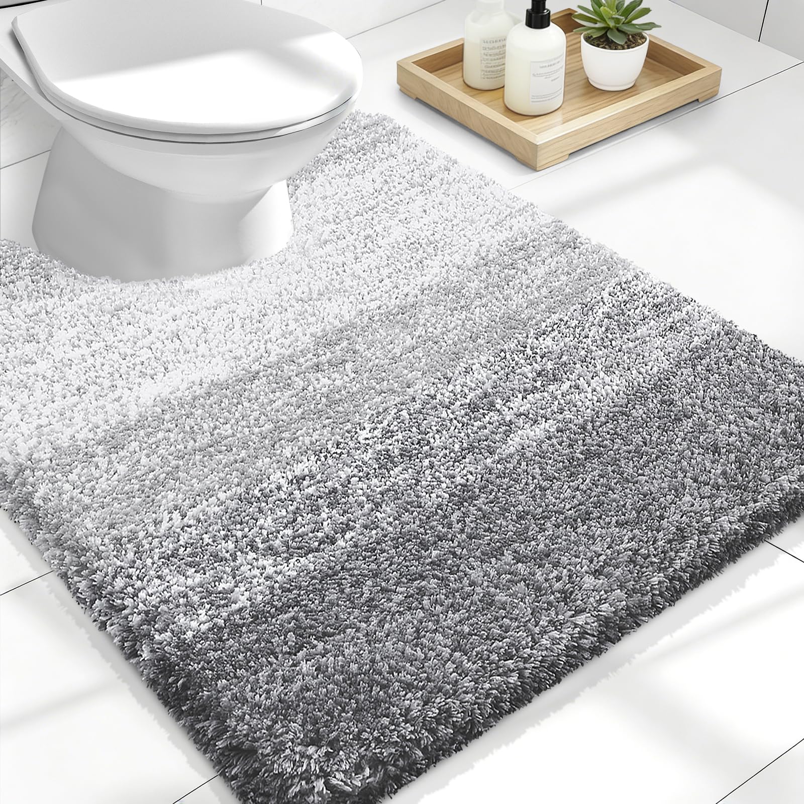 OLANLY Luxury Toilet Rugs U-Shaped 24x20, Soft Absorbent Microfiber Mat | Light Grey, Non-Slip Quick-Drying Rubber Backing, Washable Plush Contour Bath Mat for Toilet Base, Home Decor Accessories
