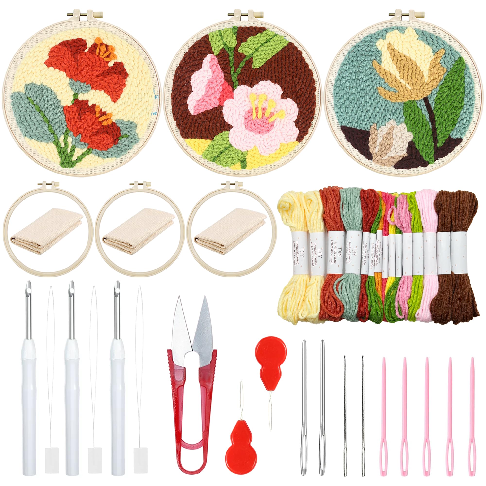 Attusla 3 Set Punch Needle Embroidery Starter Kit with Pattern, Plastic Hoop, Yarn, Pen and Instruction for Beginner (Red, Pink and Yellow Flowers)