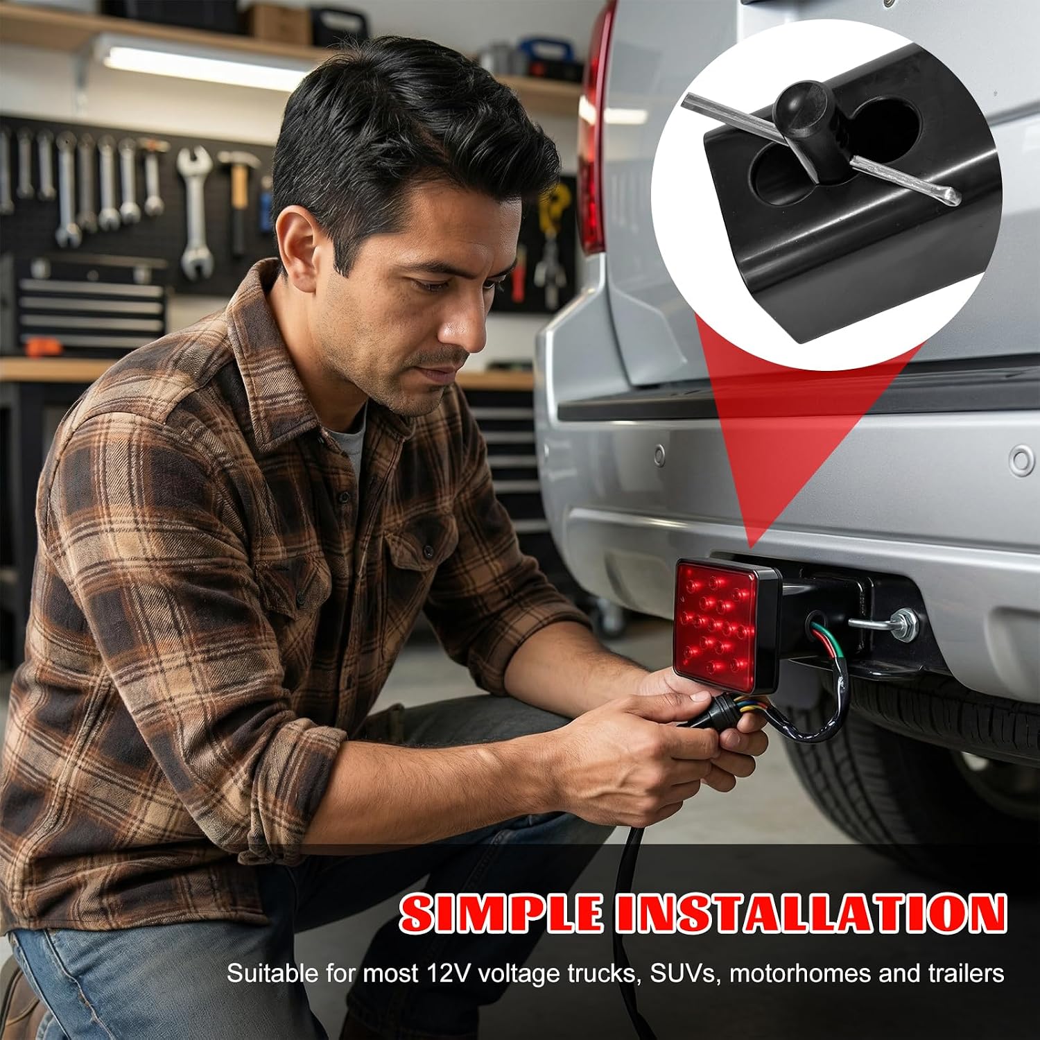 15 LED Trailer Hitch Brake Light, 12V Super Bright Vehicle Smoked Tail Lights Fit 2" Receiver, Waterproof Square Towing Hitch Light Exterior Accessories for RV Truck SUV (Red)