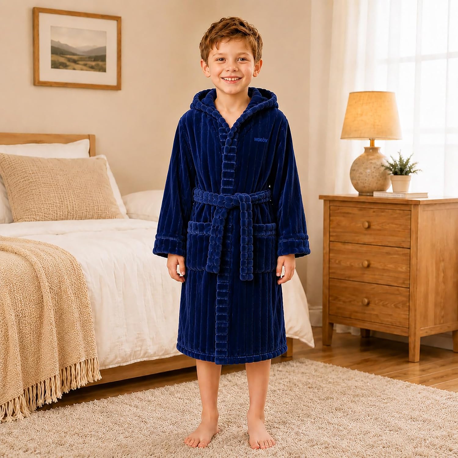 Boys Girls Plush Fleece Hooded Striped Robes Soft Cozy Bathrobes for Kids