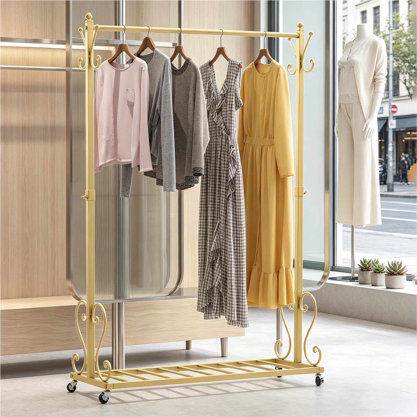 Metall-kleiderständer auf rollen, Gold (120cm) | Garderobenständer mit Bodenregal, 4 Rollen mit Bremse, Stabil kleiderstange, bis 65 kg belastbar, für Schlafzimmer, Boutique