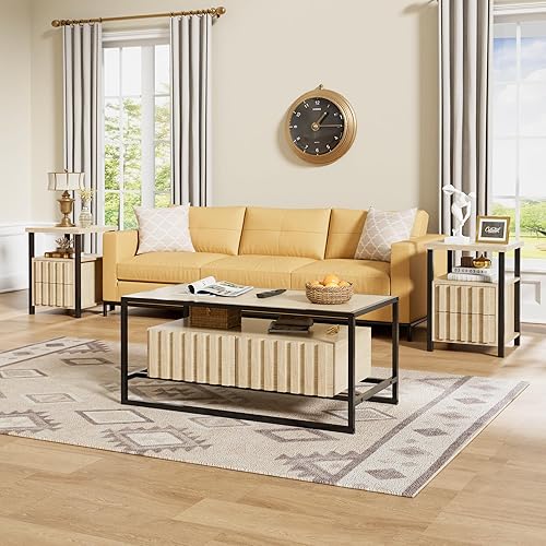 Miniatura 2 de UEV Juego de 3 mesas auxiliares, juego de mesa de sala de estar, mesa auxiliar de mediados de siglo, juego de 2 mesas auxiliares con 2 cajones para