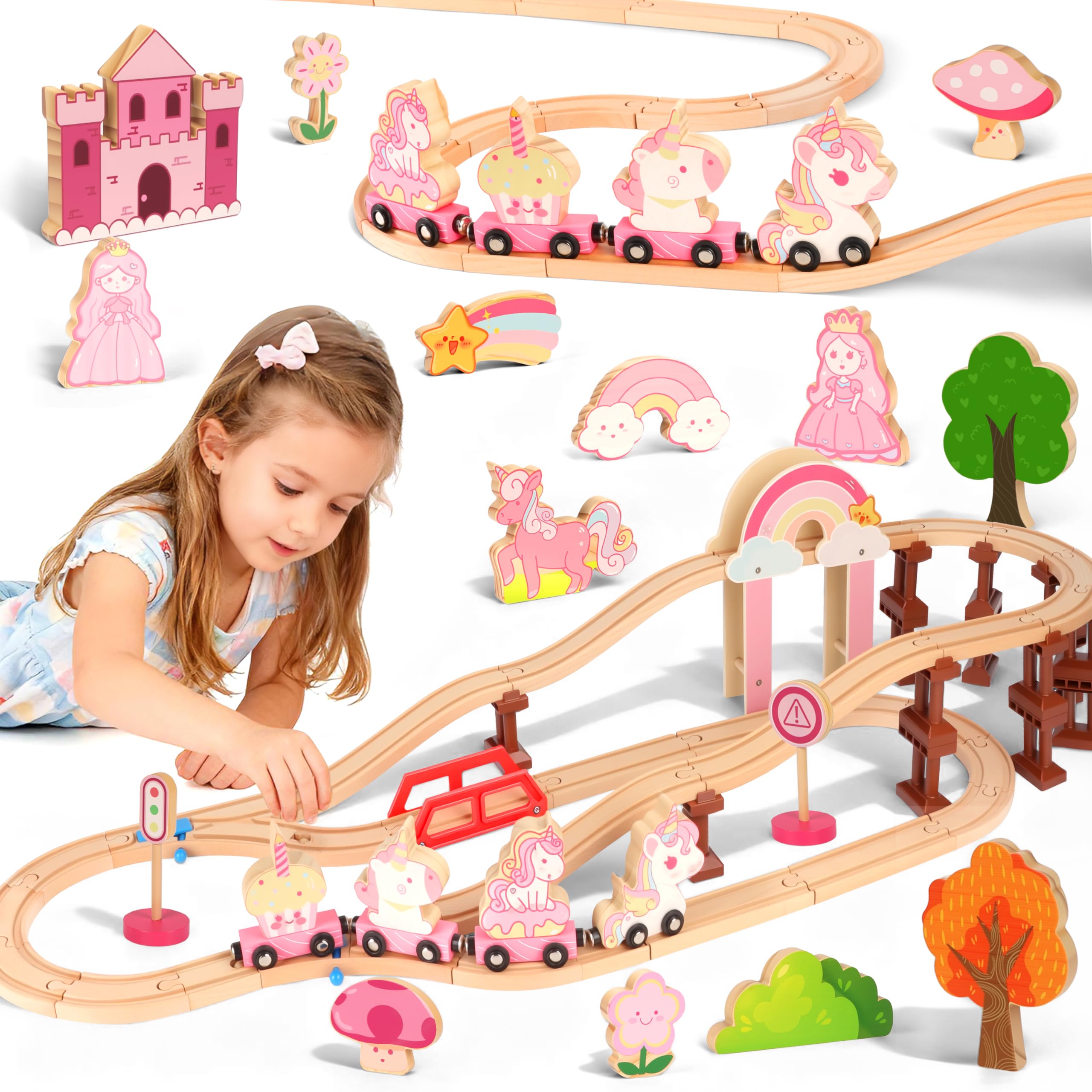 MOMOSTAR 74 Pièces Thème Licorne Rose Circuit Train Bois Enfant, Licorne Cadeau Fille 3 4 5 Ans Comprend des Ornements Tels Que des Châteaux, des Licornes Et des Princesses, Jouet Fille 3-5 Ans